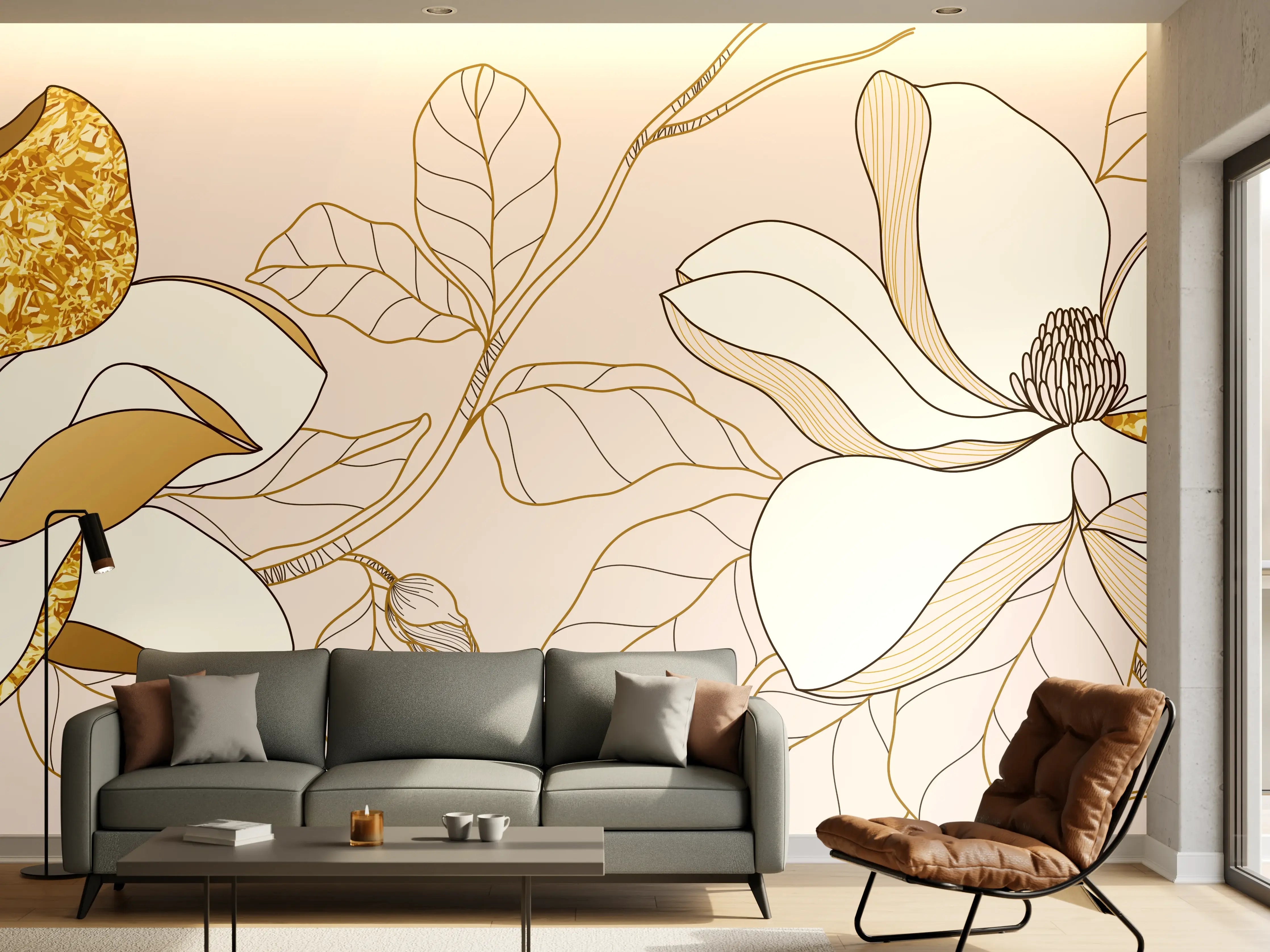 Wandverkleidung Wohnzimmer - Goldene Blumenmuster Illustration