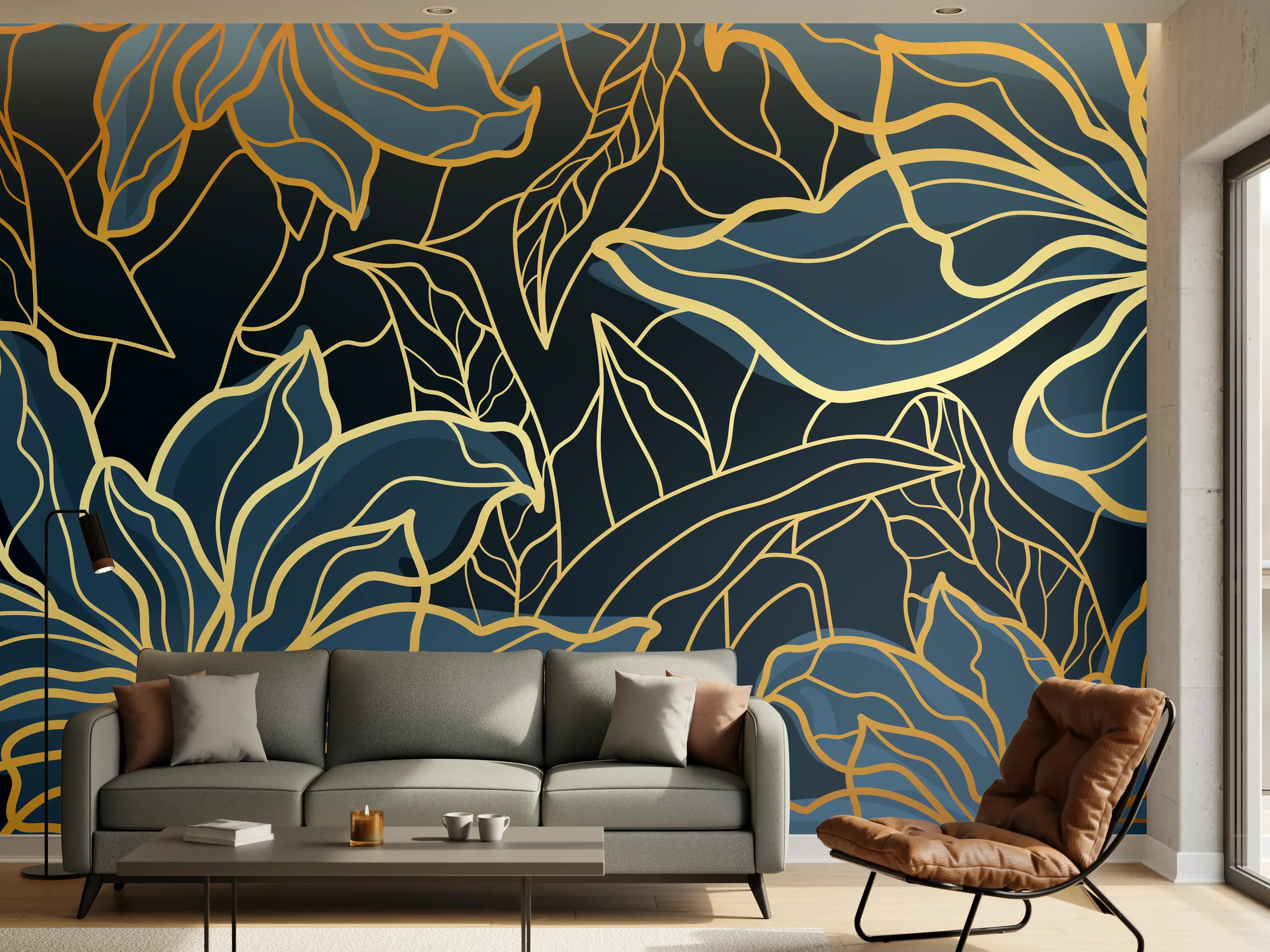 Wandverkleidung Wohnzimmer - Goldene Blumenranken auf Dunkelblau