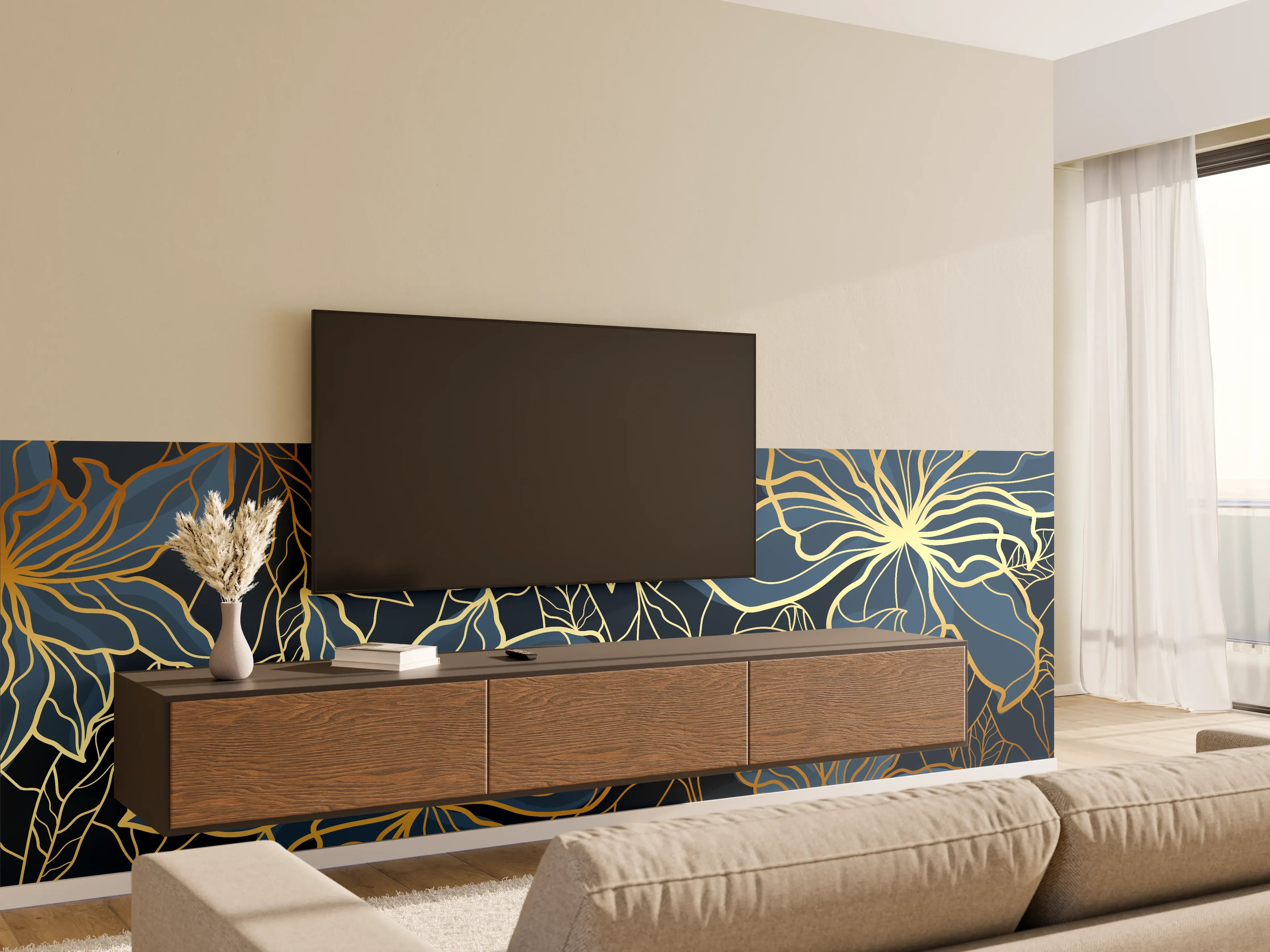 Wandverkleidung Wohnzimmer - Goldene Blumenranken auf Dunkelblau