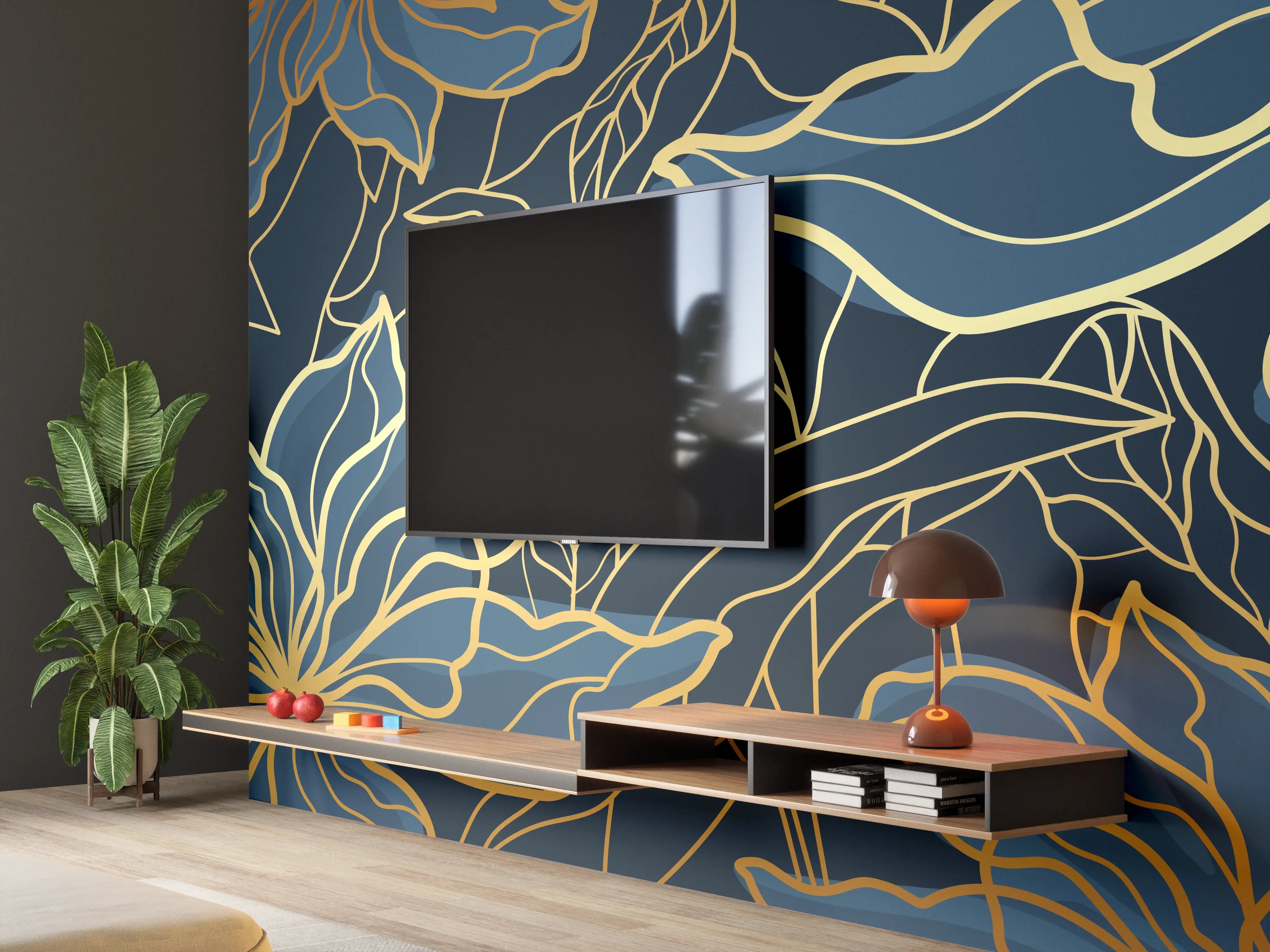 Wandverkleidung Wohnzimmer - Goldene Blumenranken auf Dunkelblau