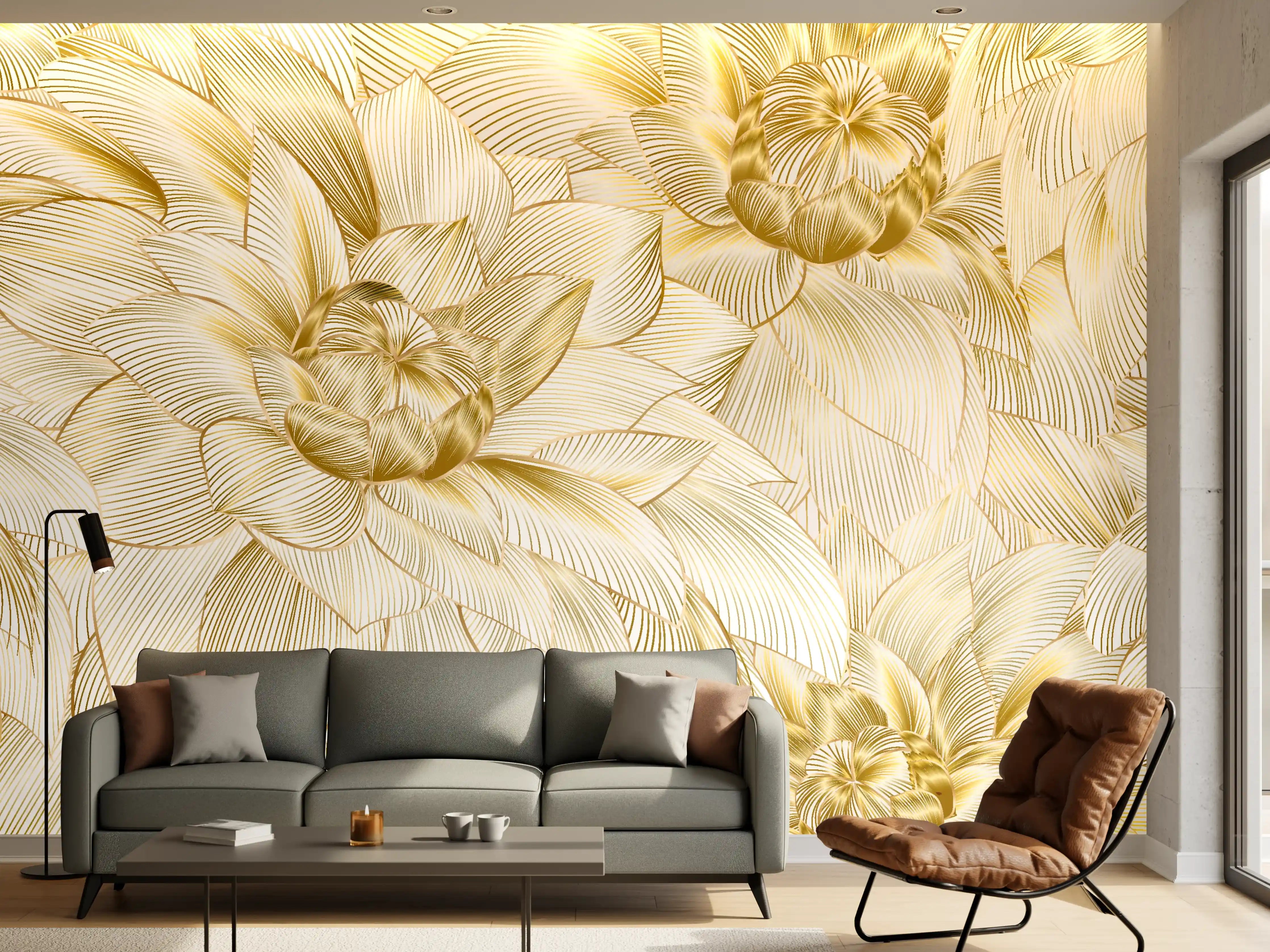 Wandverkleidung Wohnzimmer - Goldene Blumenstruktur Design
