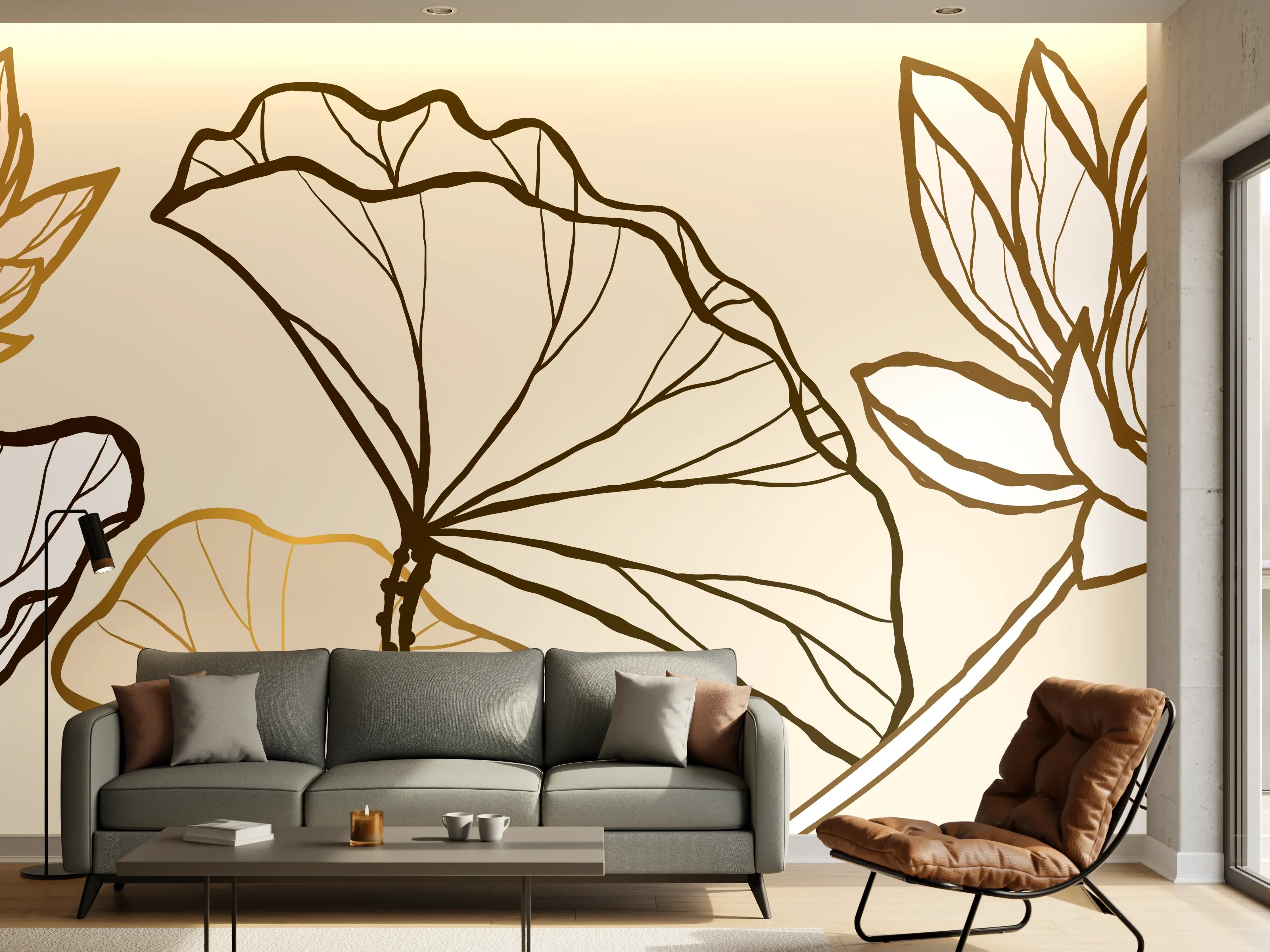 Wandverkleidung Wohnzimmer - Goldene Botanik Lineart Illustration