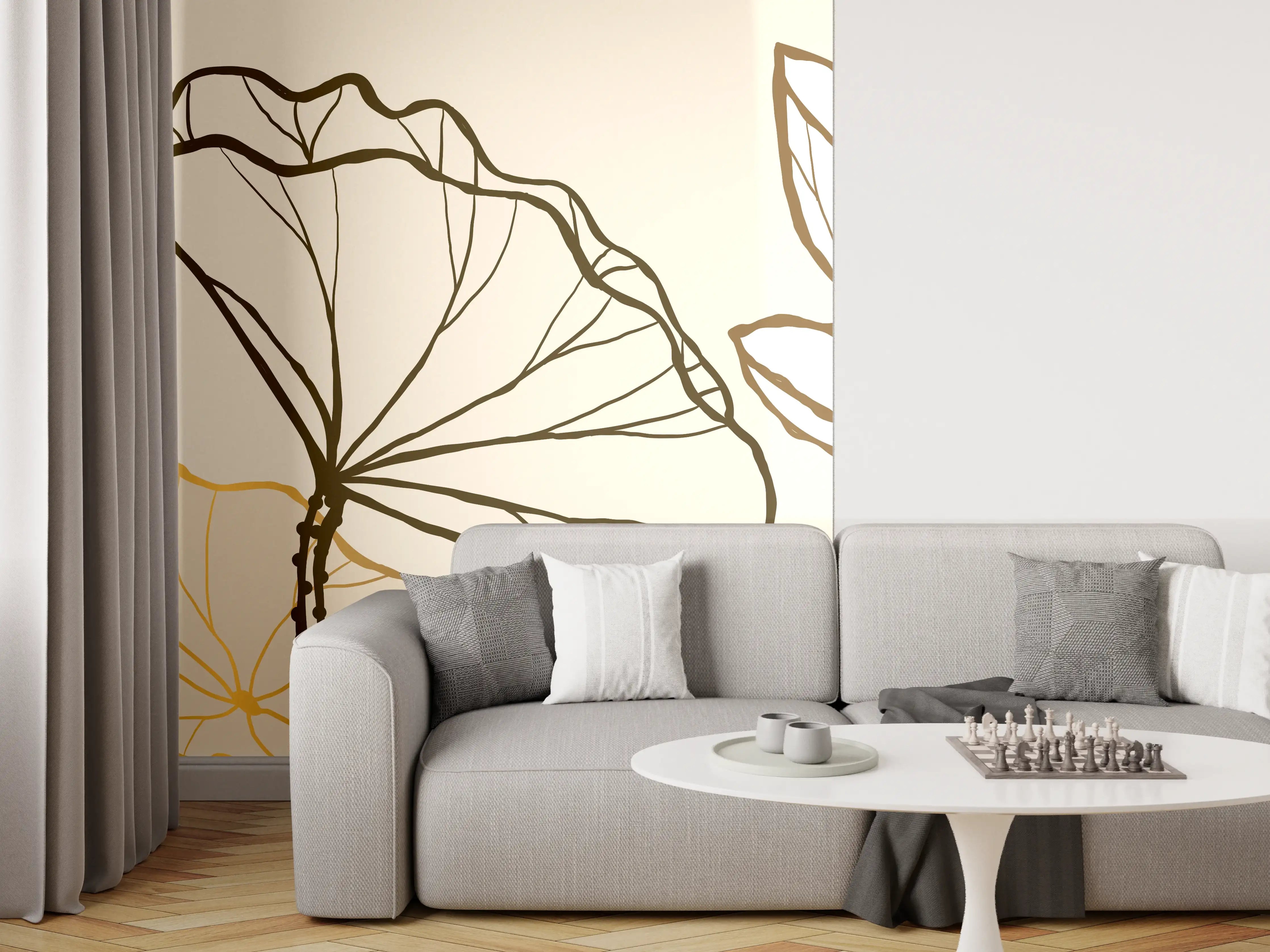 Wandverkleidung Wohnzimmer - Goldene Botanik Lineart Illustration