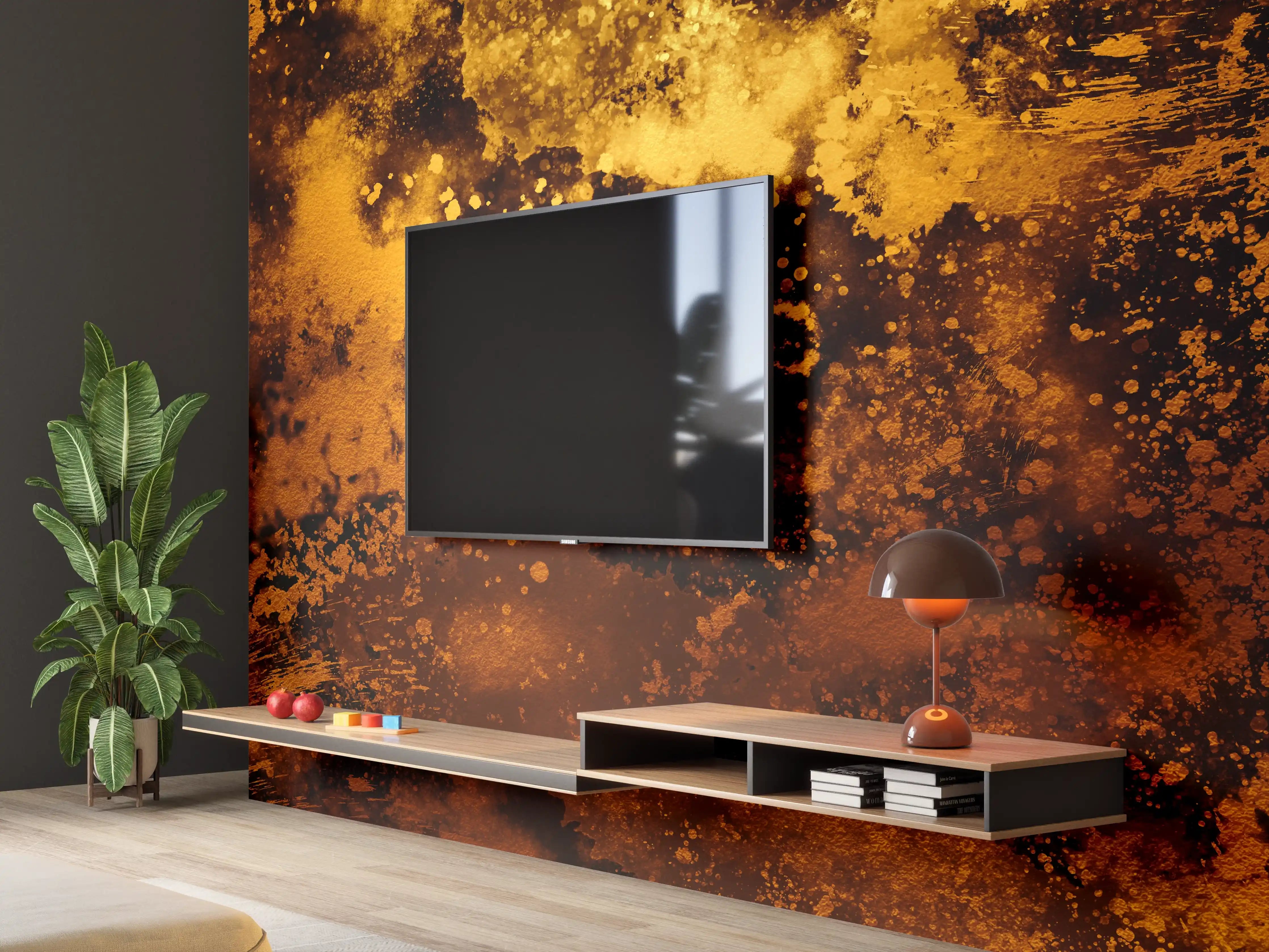 Wandverkleidung Wohnzimmer - Goldene Farbexplosion