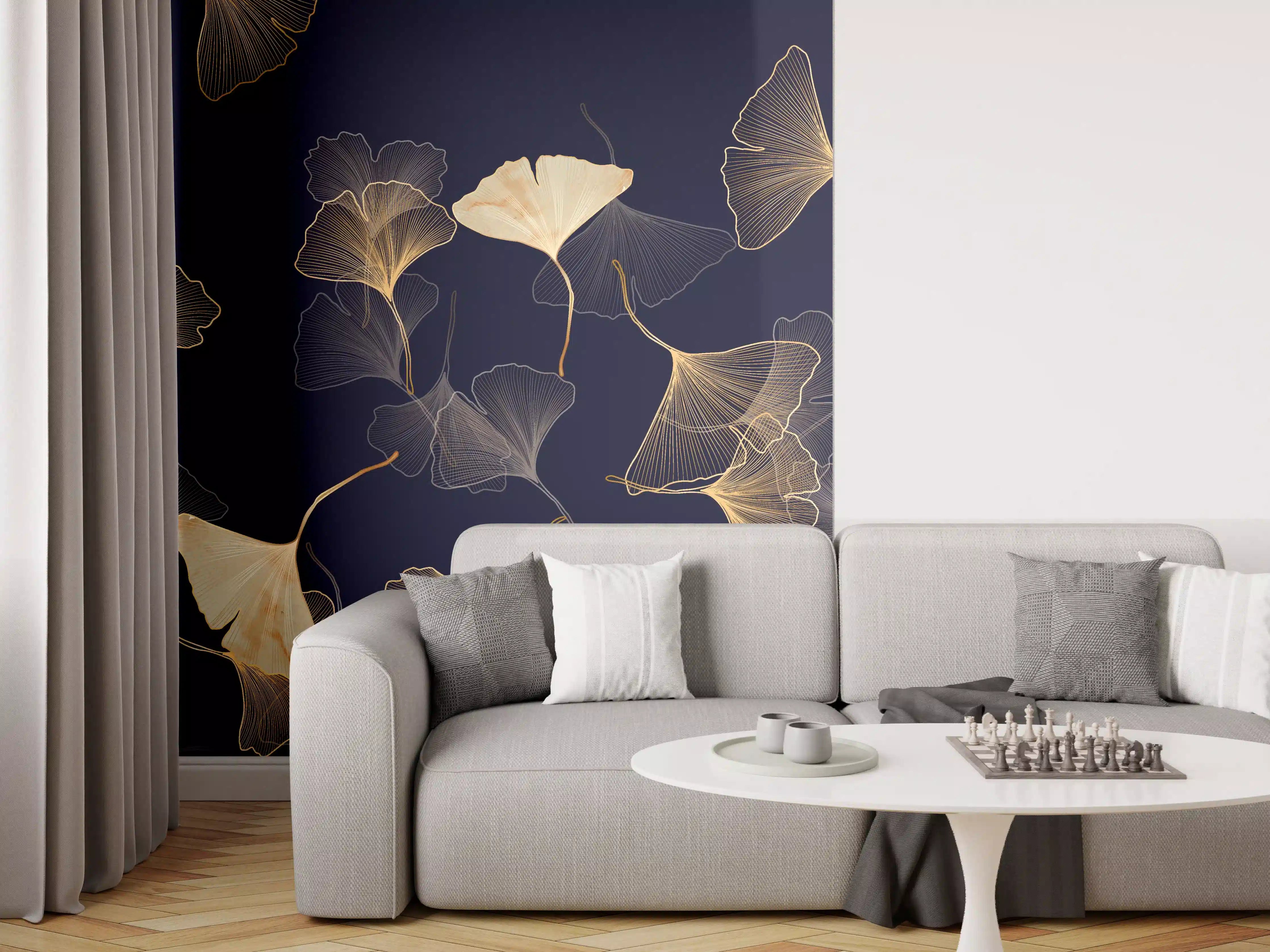 Wandverkleidung Wohnzimmer - Goldene Ginkgo Blatt Design Tapete