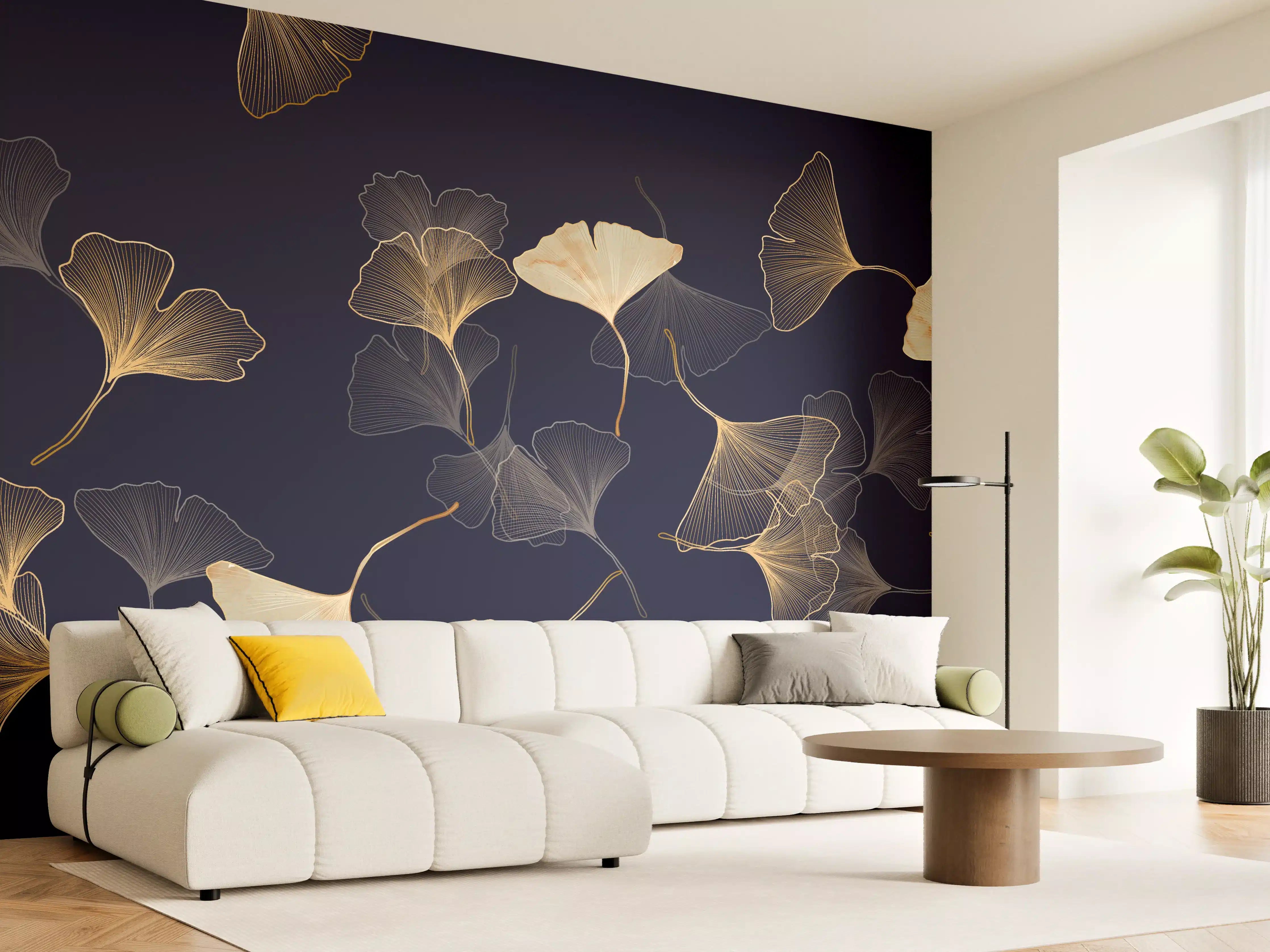 Wandverkleidung Wohnzimmer - Goldene Ginkgo Blatt Design Tapete