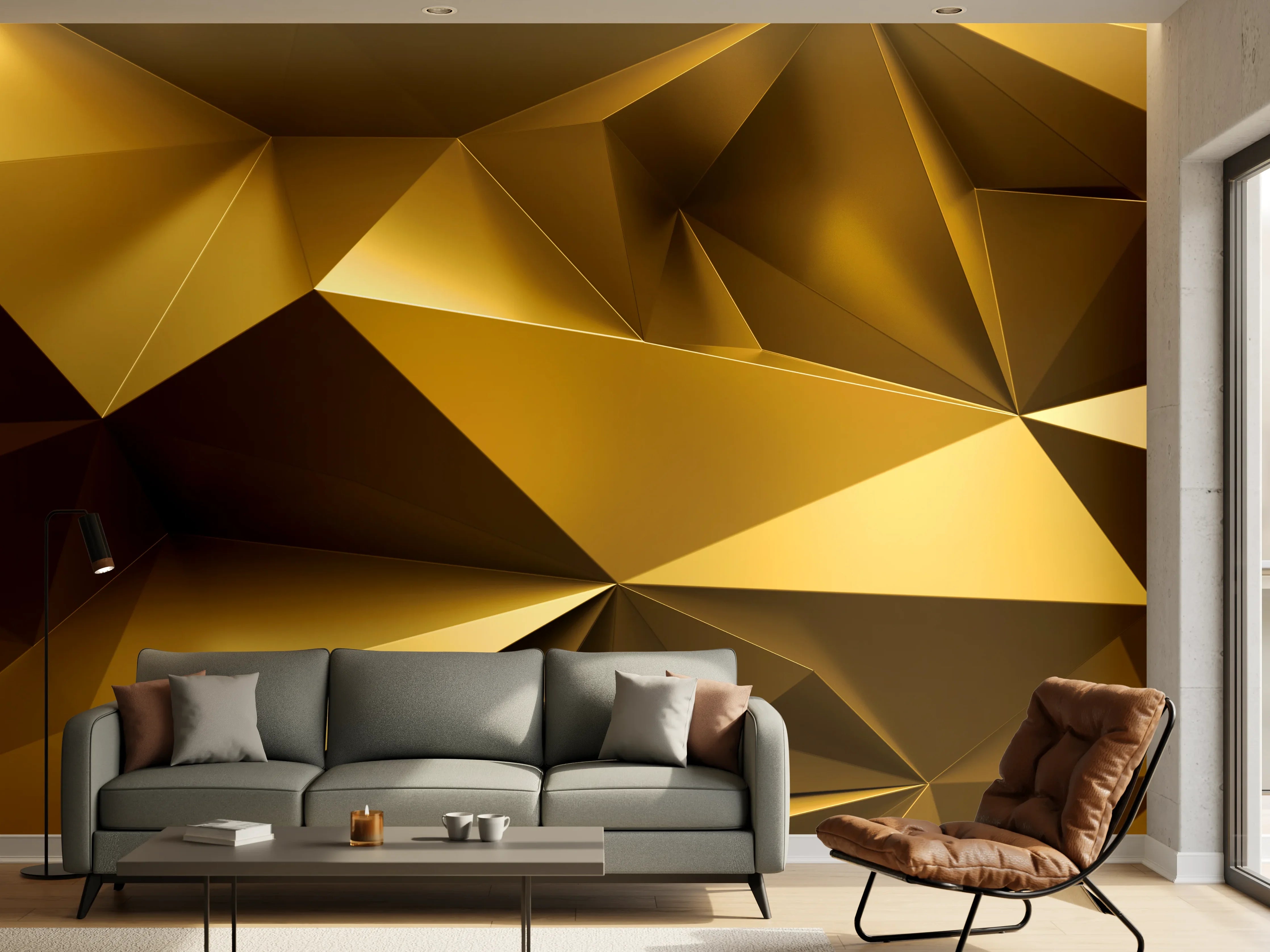 Wandverkleidung Wohnzimmer - Goldene Kristall Polygon Tapete