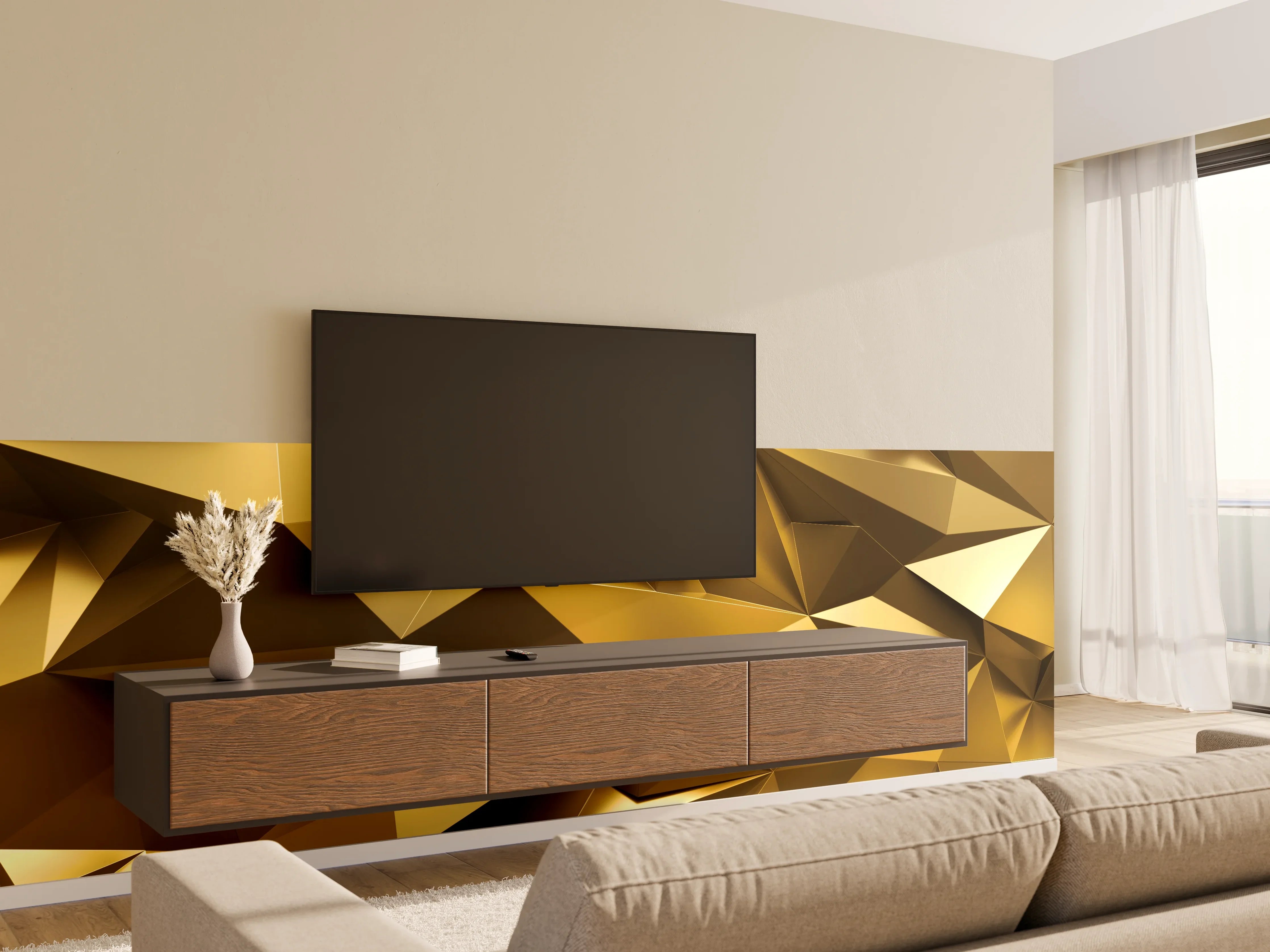 Wandverkleidung Wohnzimmer - Goldene Kristall Polygon Tapete