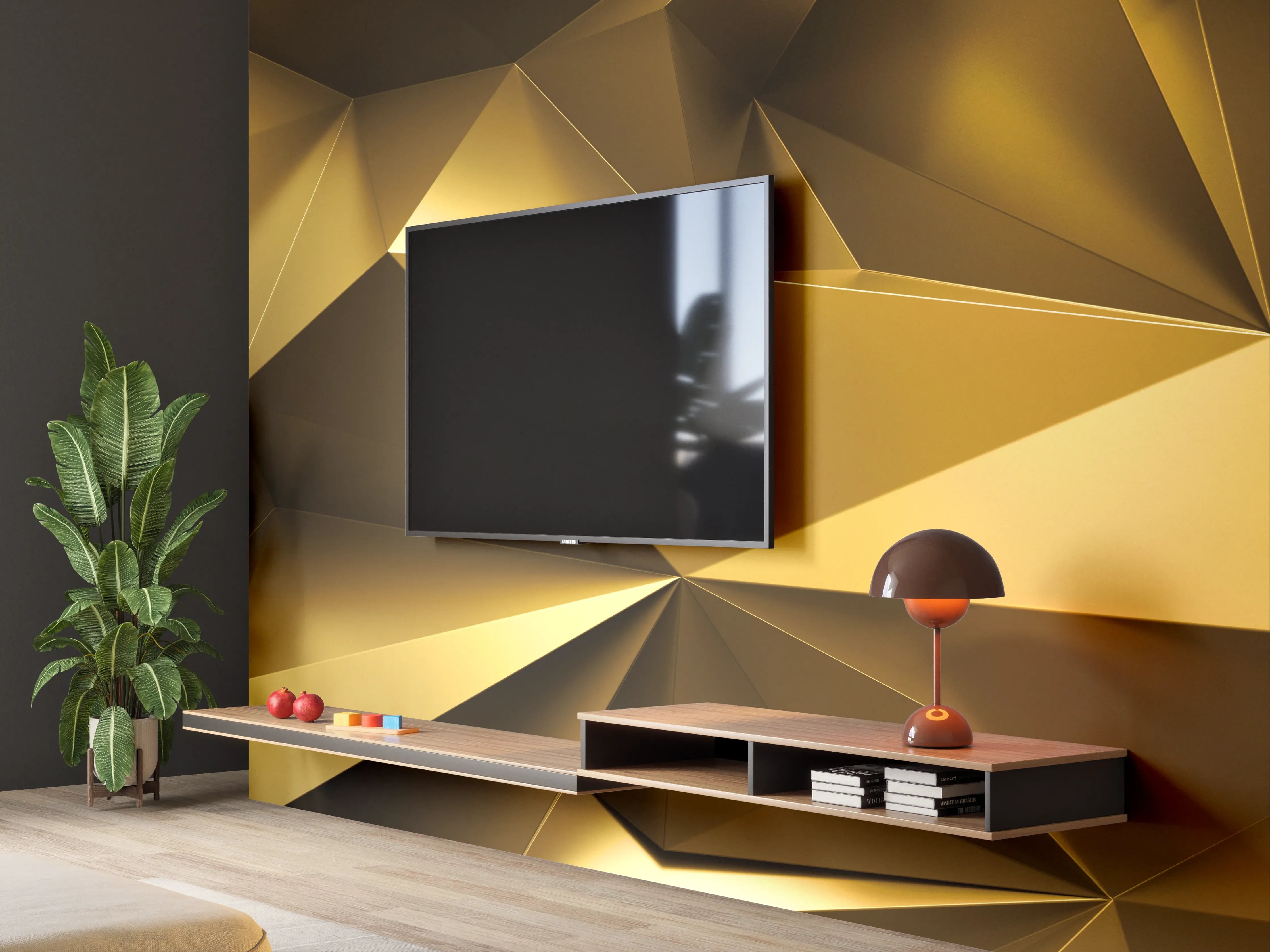 Wandverkleidung Wohnzimmer - Goldene Kristall Polygon Tapete