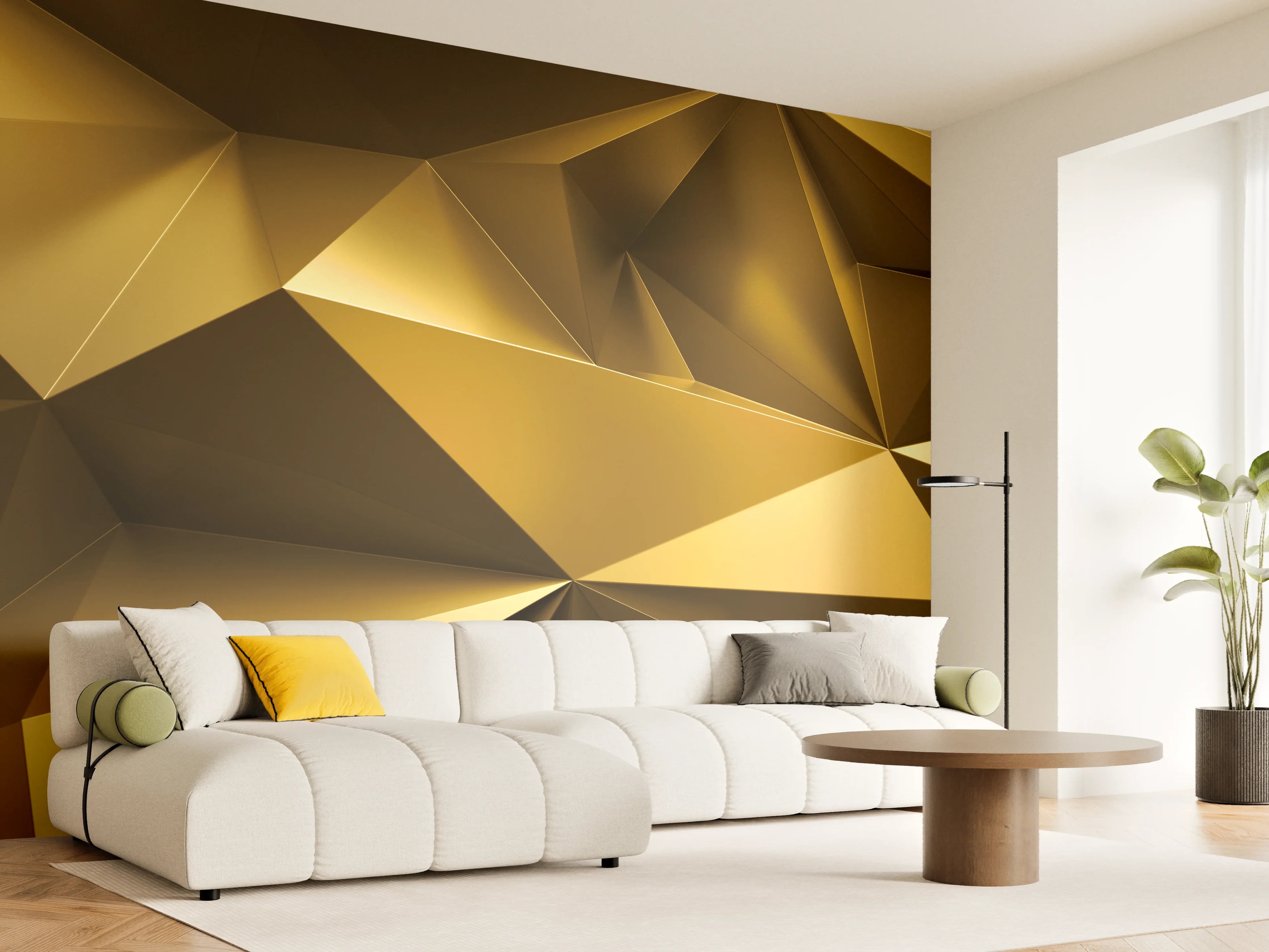 Wandverkleidung Wohnzimmer - Goldene Kristall Polygon Tapete