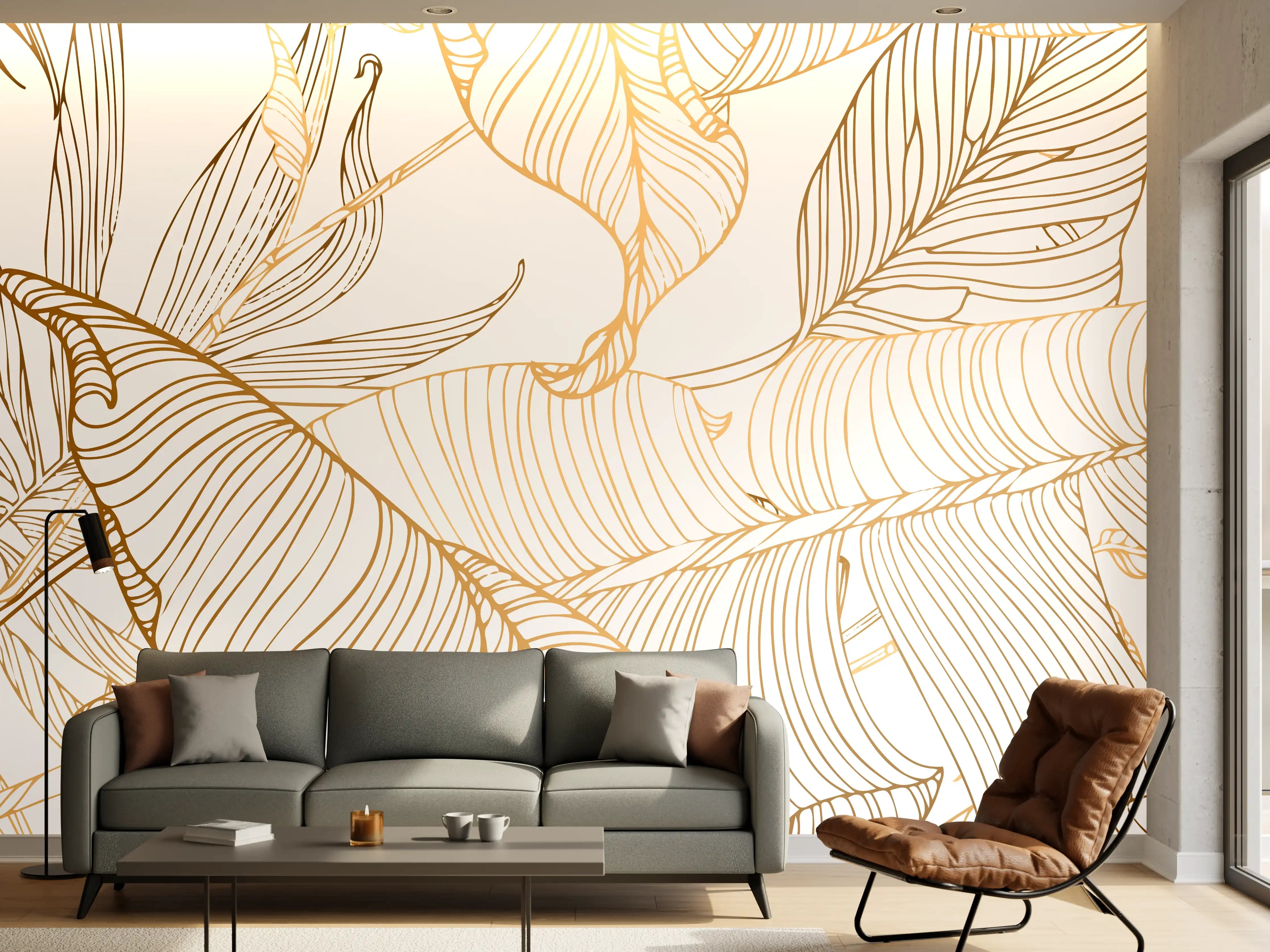 Wandverkleidung Wohnzimmer - Goldene Lineart Blattmuster Kunst