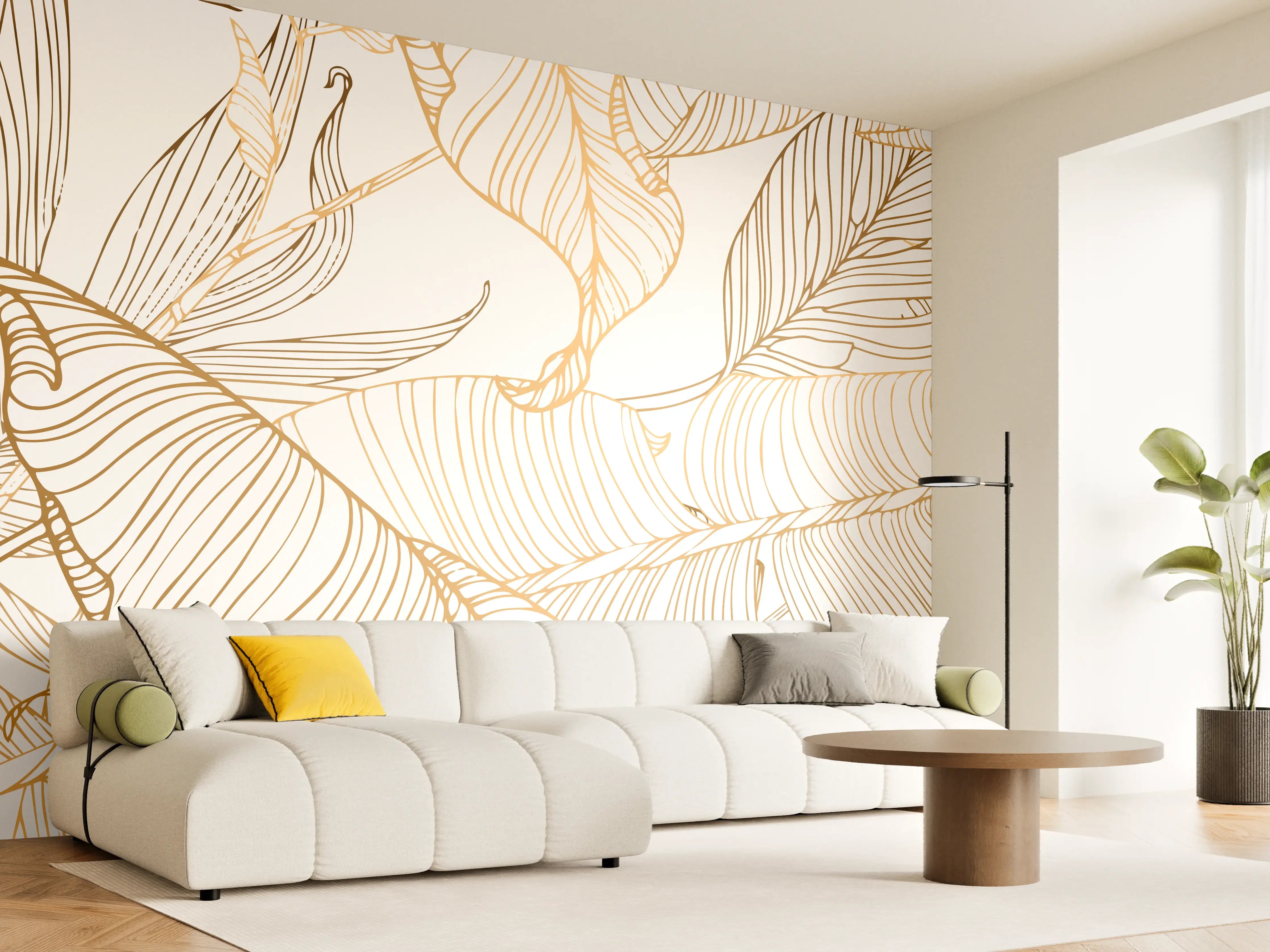 Wandverkleidung Wohnzimmer - Goldene Lineart Blattmuster Kunst