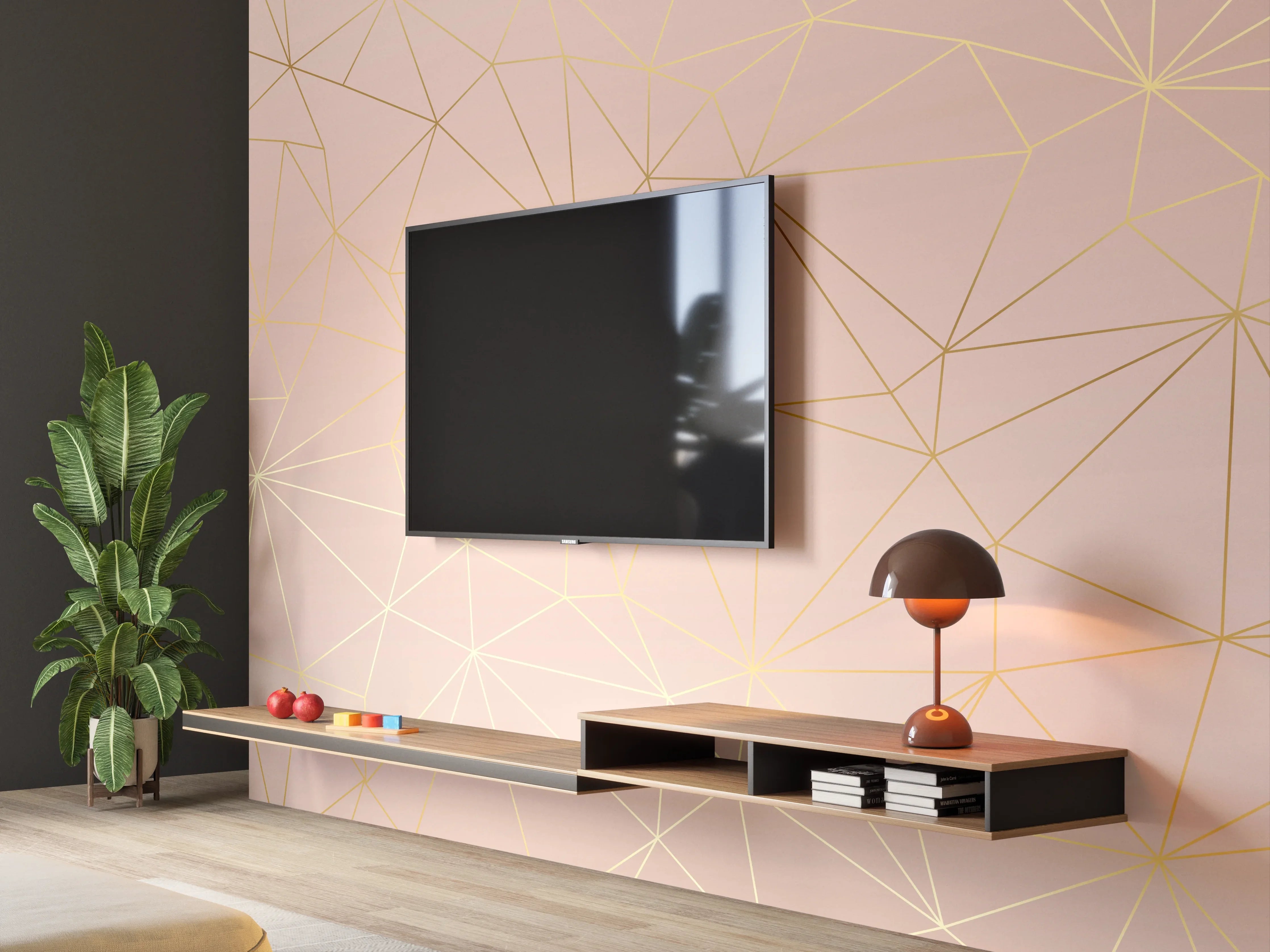 Wandverkleidung Wohnzimmer - Goldene Linien auf Beige Hintergrund