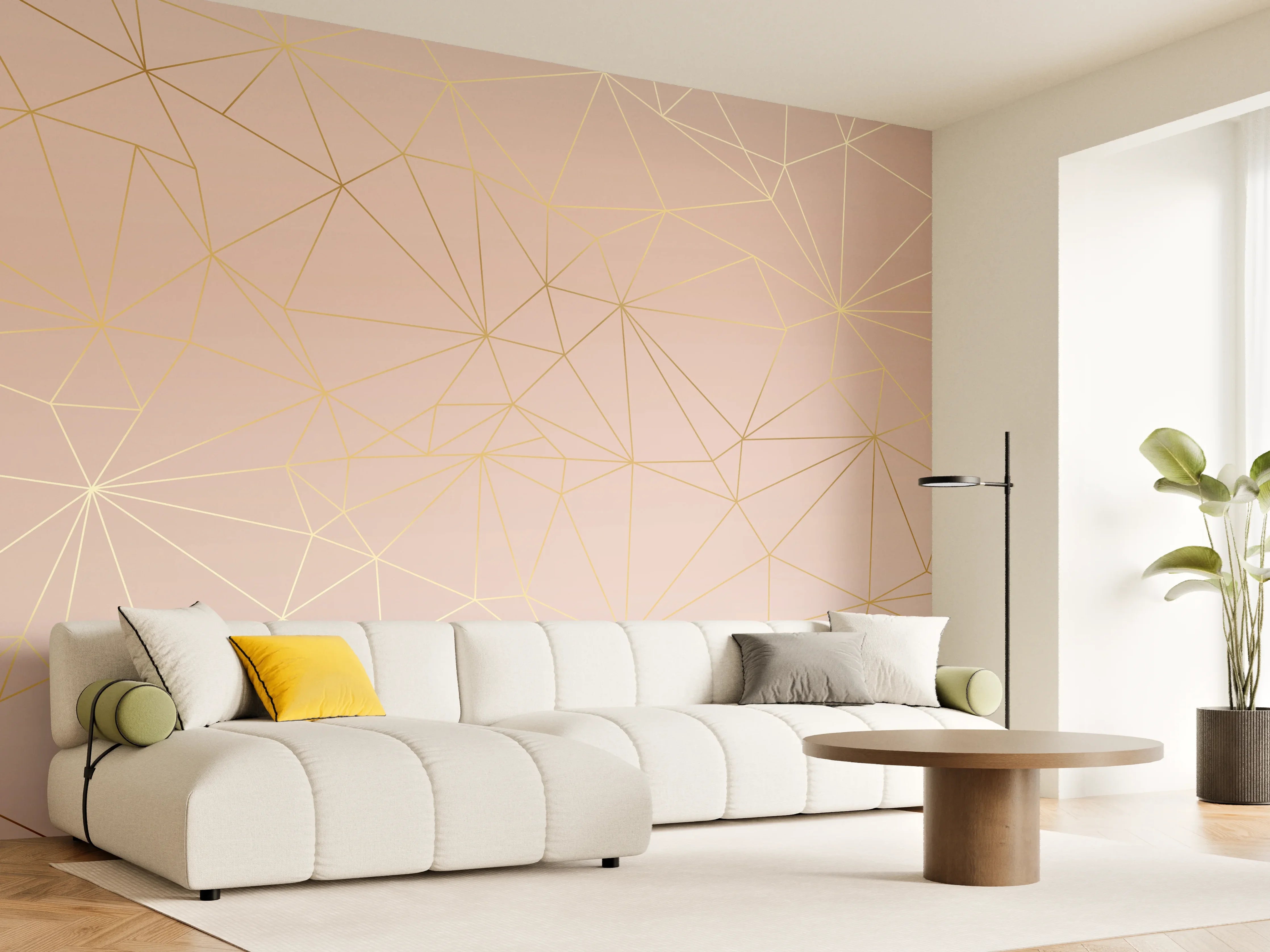 Wandverkleidung Wohnzimmer - Goldene Linien auf Beige Hintergrund