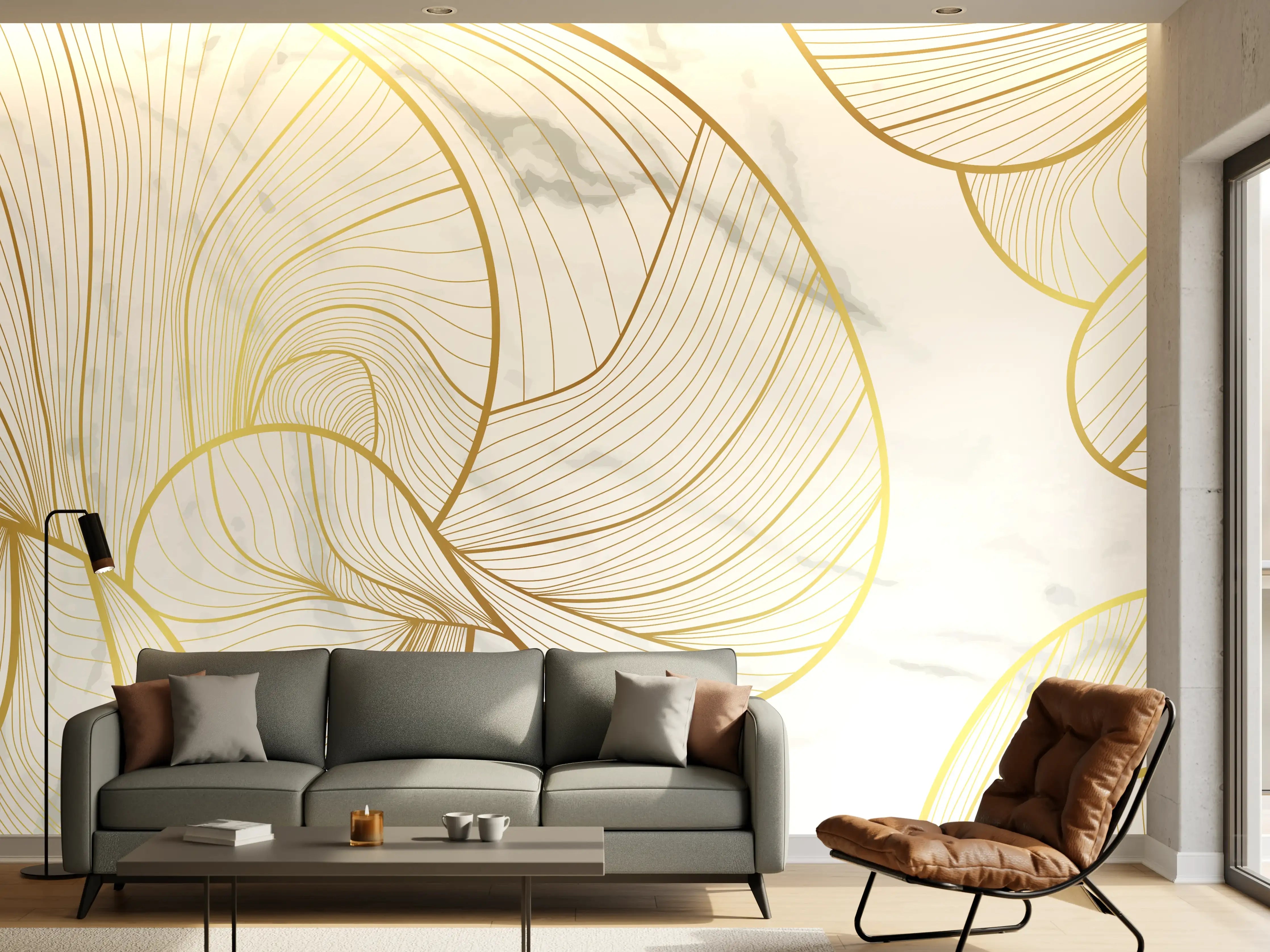 Wandverkleidung Wohnzimmer - Goldene Linien auf Marmor