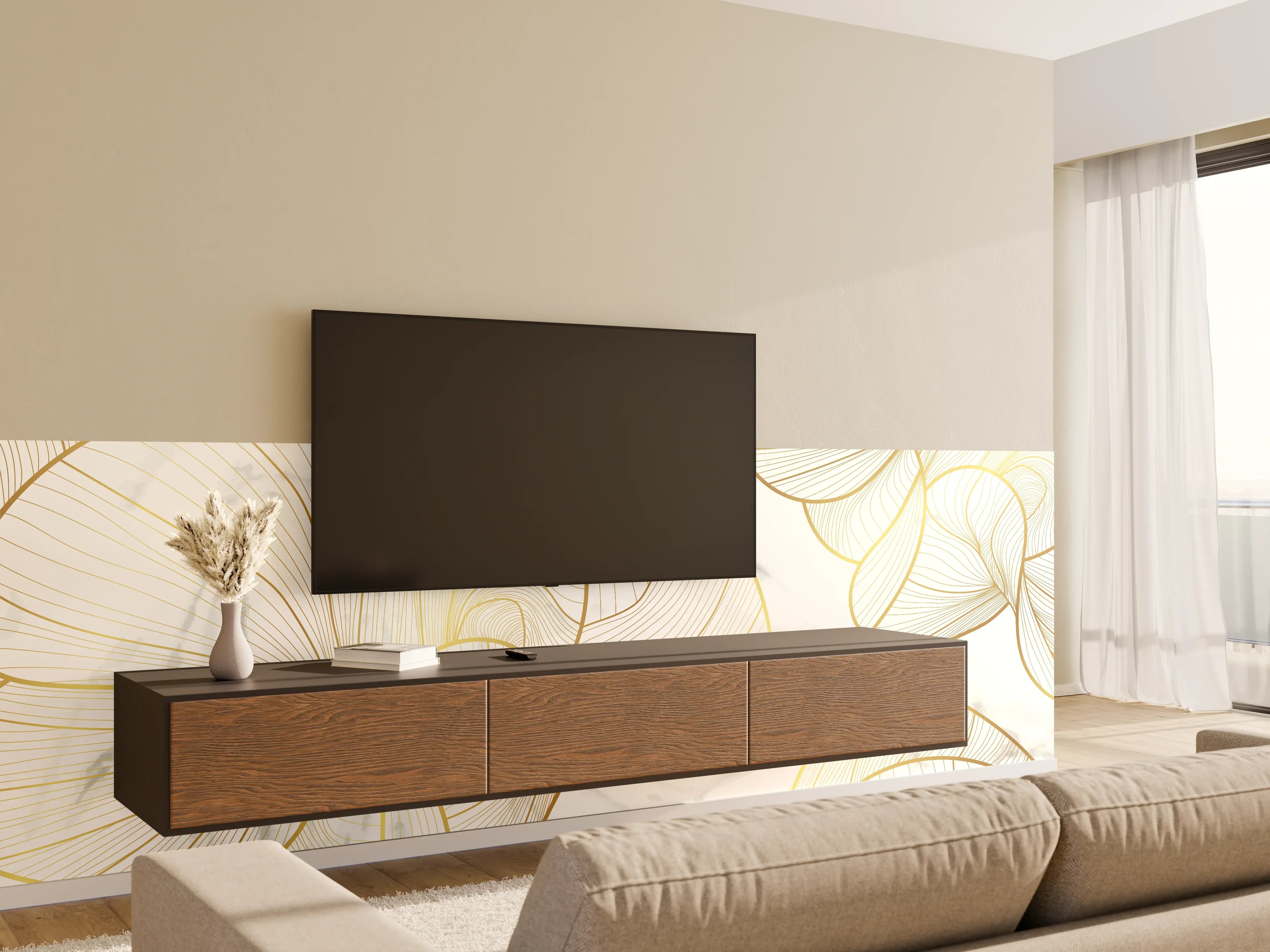 Wandverkleidung Wohnzimmer - Goldene Linien auf Marmor