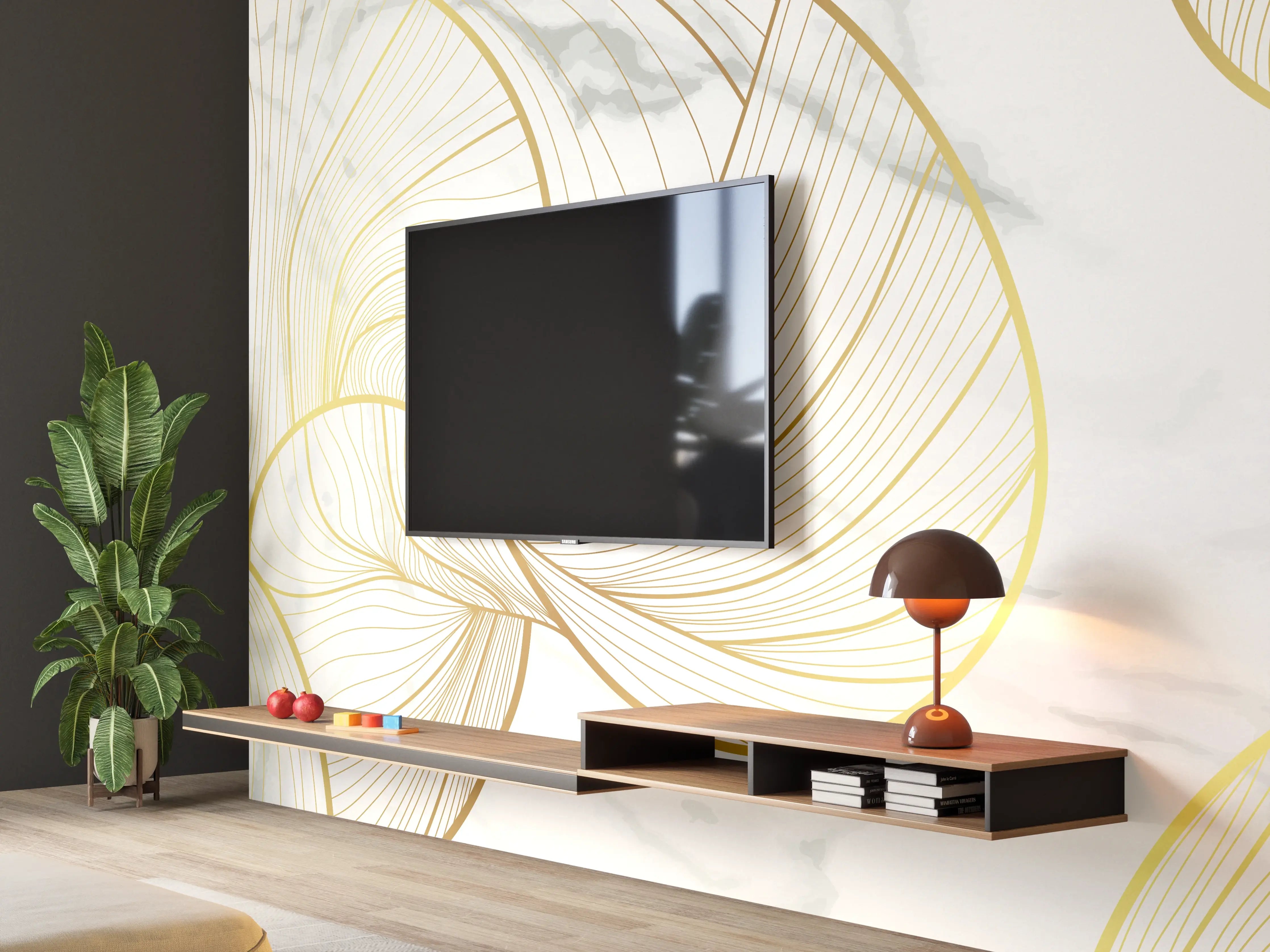Wandverkleidung Wohnzimmer - Goldene Linien auf Marmor