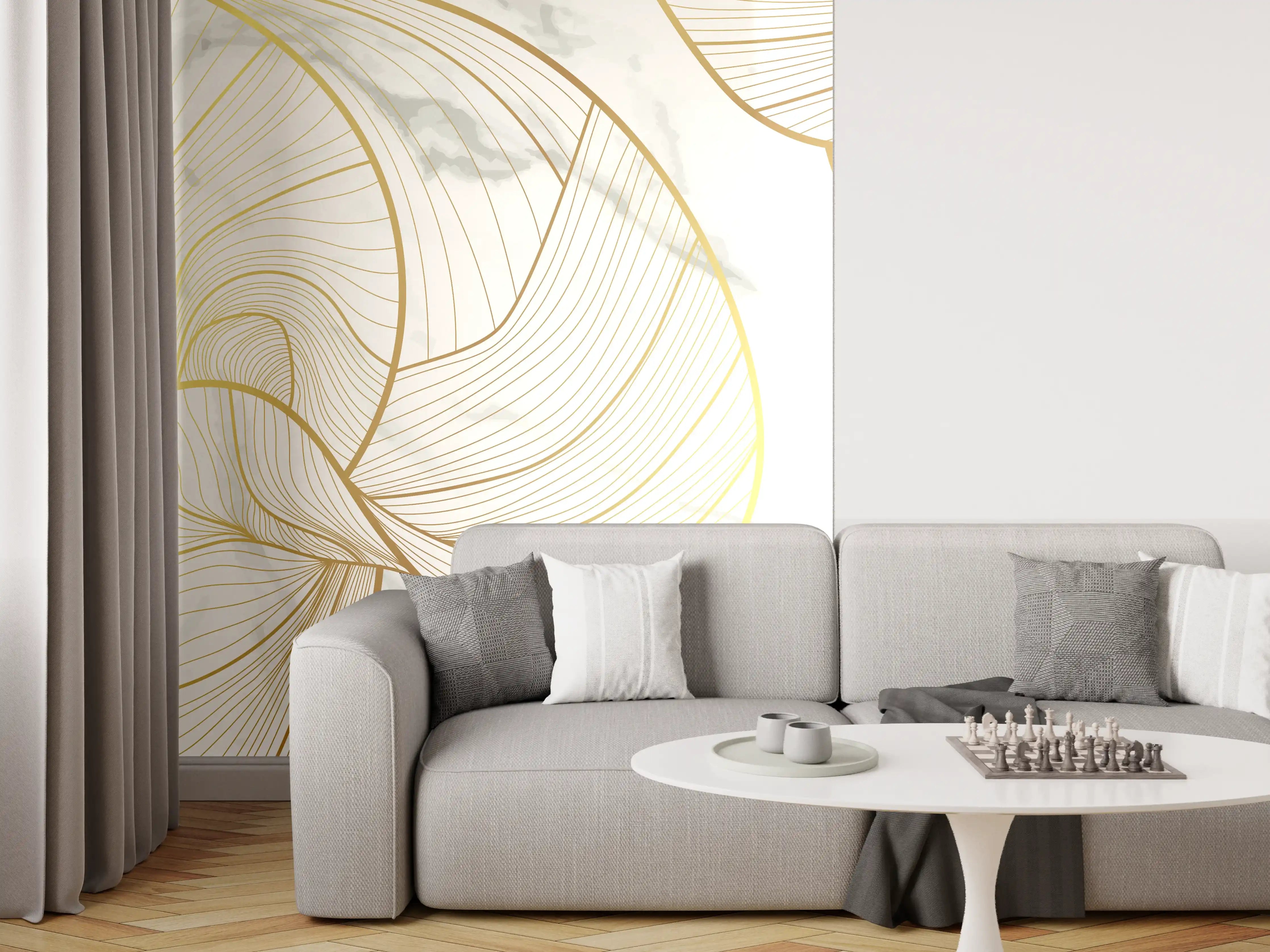 Wandverkleidung Wohnzimmer - Goldene Linien auf Marmor