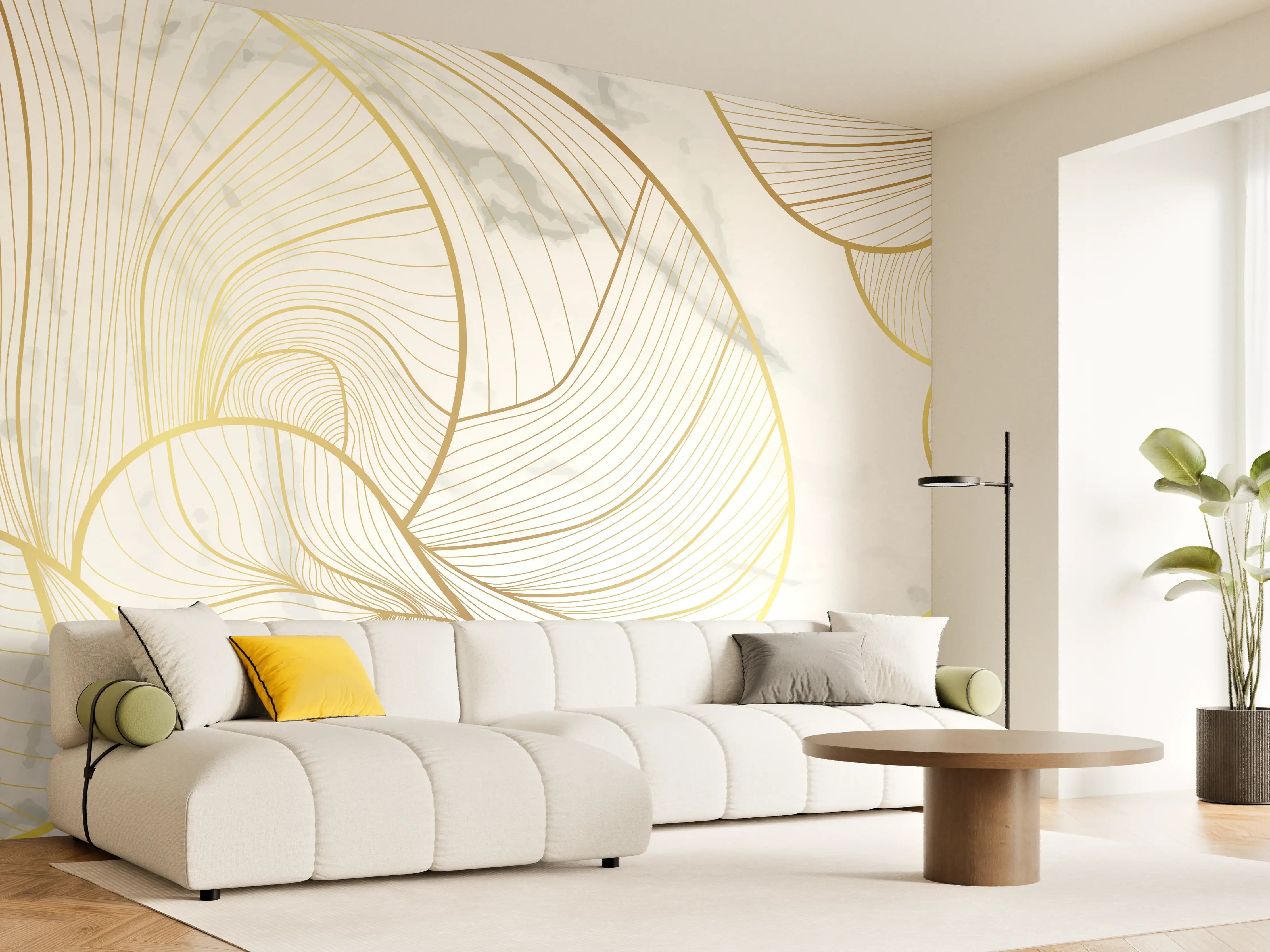 Wandverkleidung Wohnzimmer - Goldene Linien auf Marmor