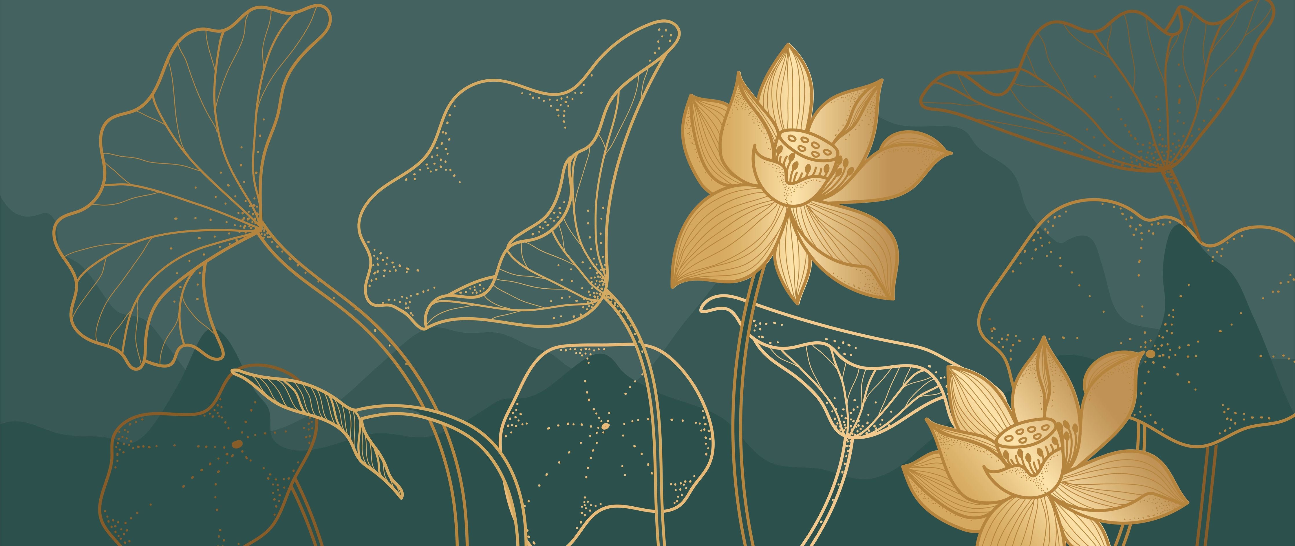 Wandverkleidung Wohnzimmer-Goldene Lotus Linienzeichnung