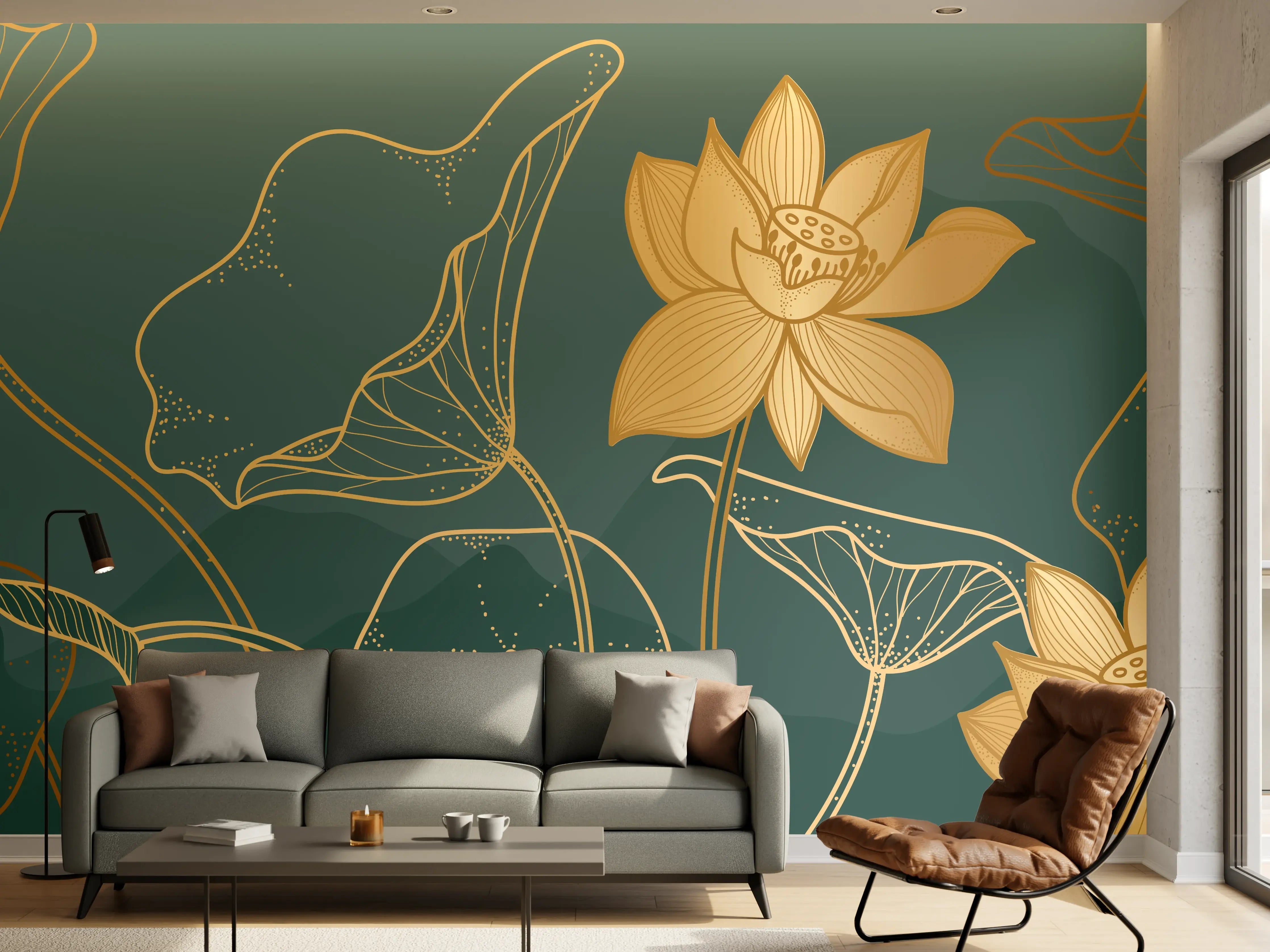 Wandverkleidung Wohnzimmer - Goldene Lotus Linienzeichnung