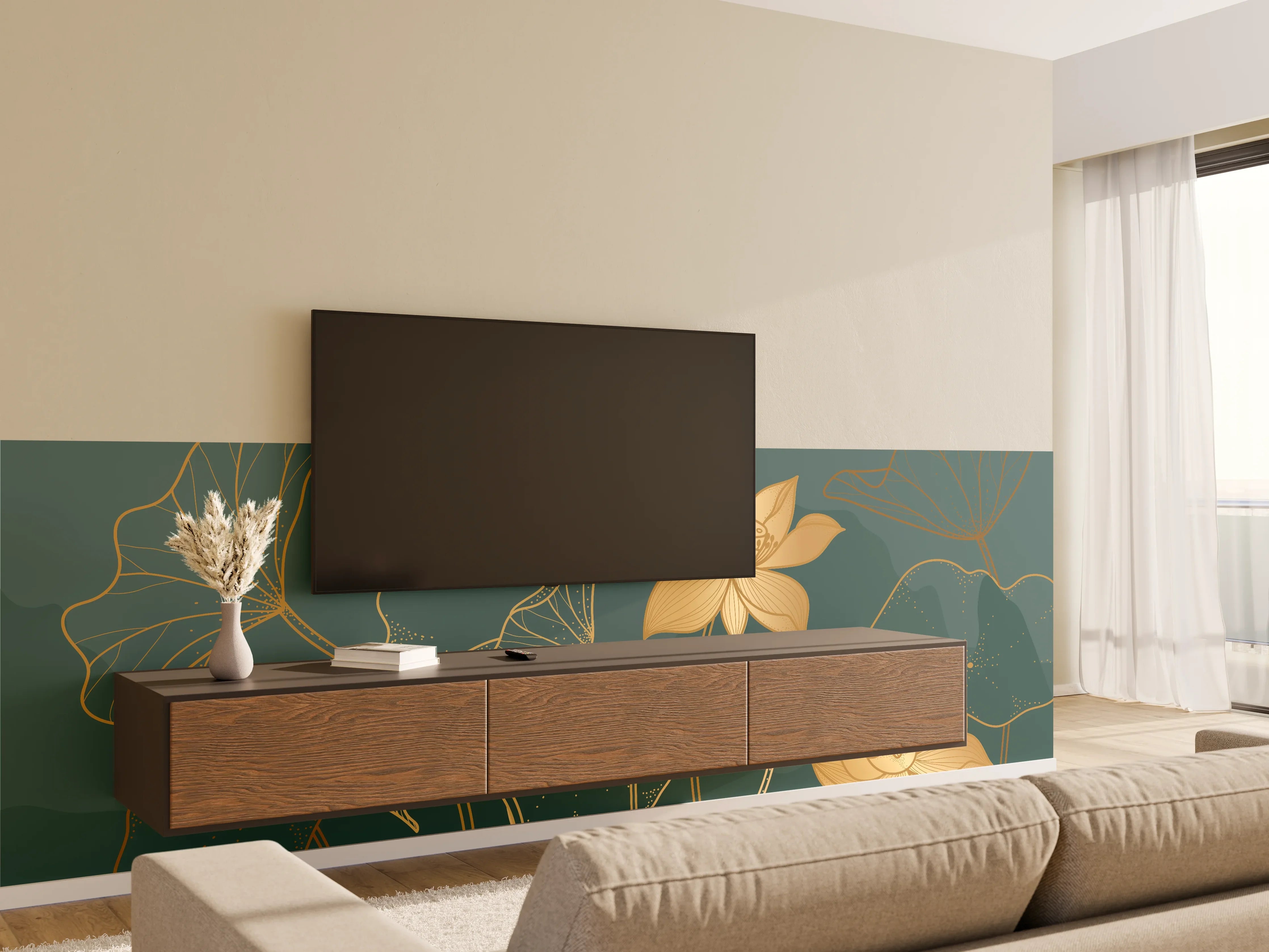 Wandverkleidung Wohnzimmer - Goldene Lotus Linienzeichnung