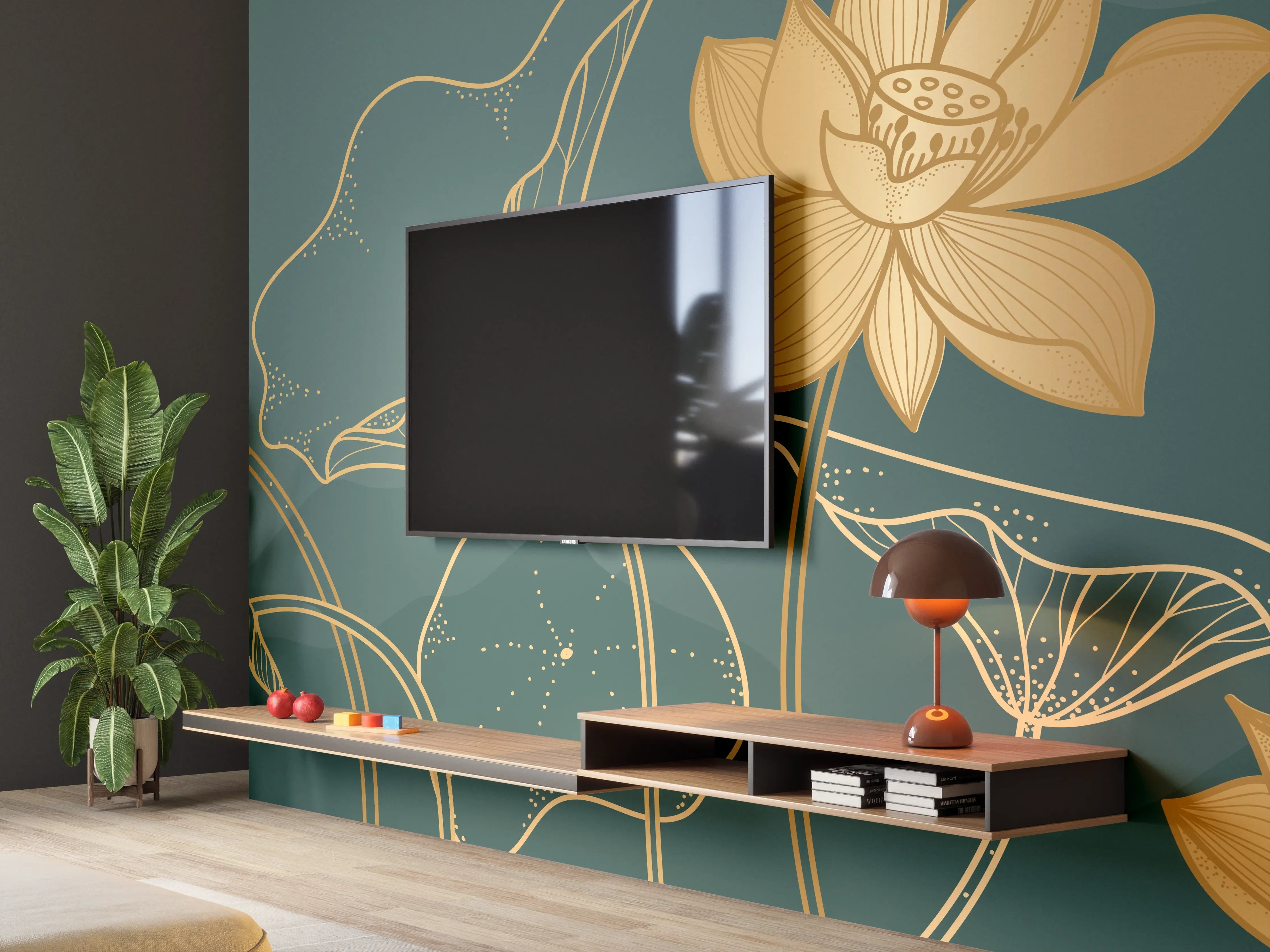 Wandverkleidung Wohnzimmer - Goldene Lotus Linienzeichnung
