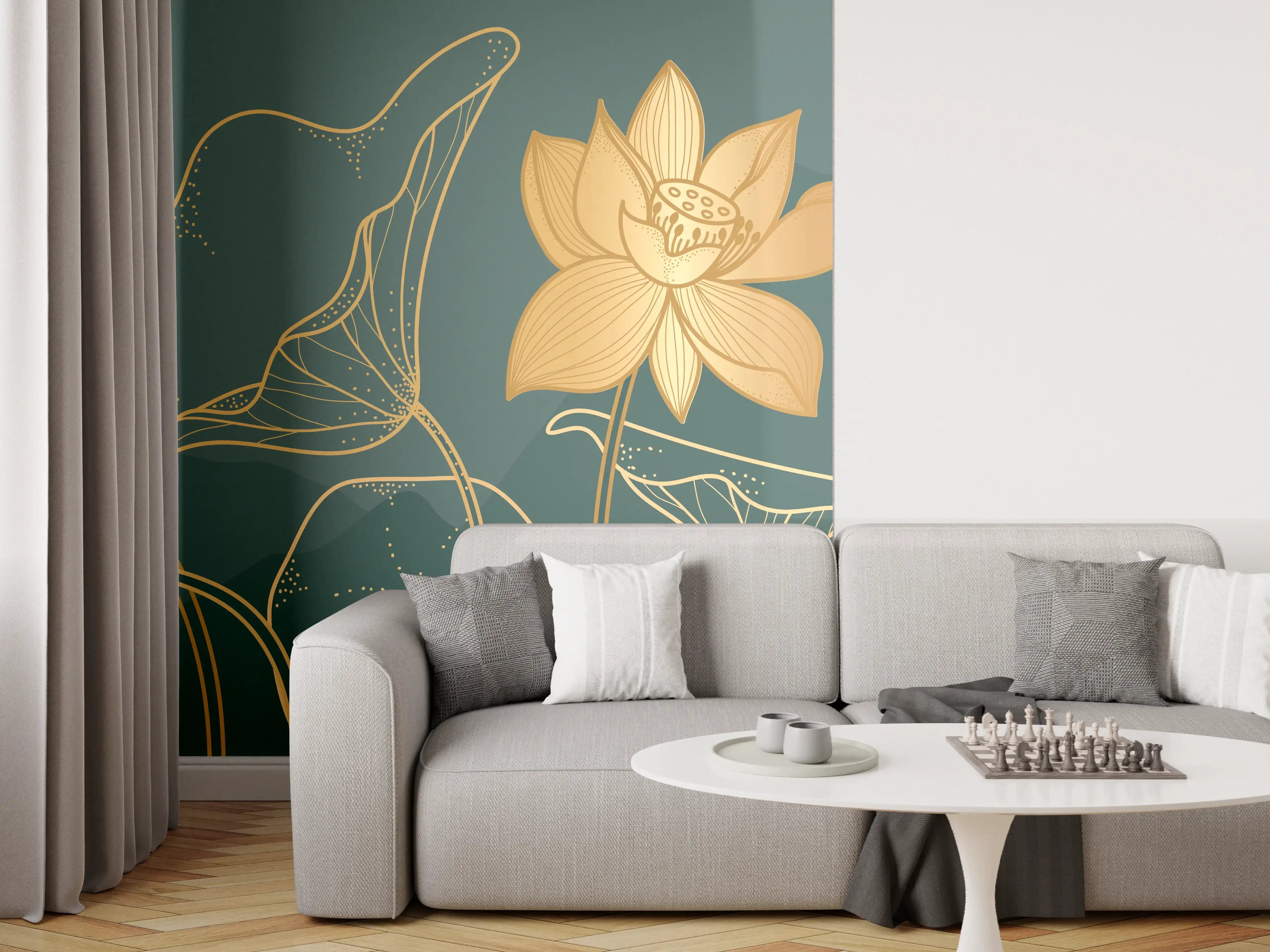 Wandverkleidung Wohnzimmer - Goldene Lotus Linienzeichnung
