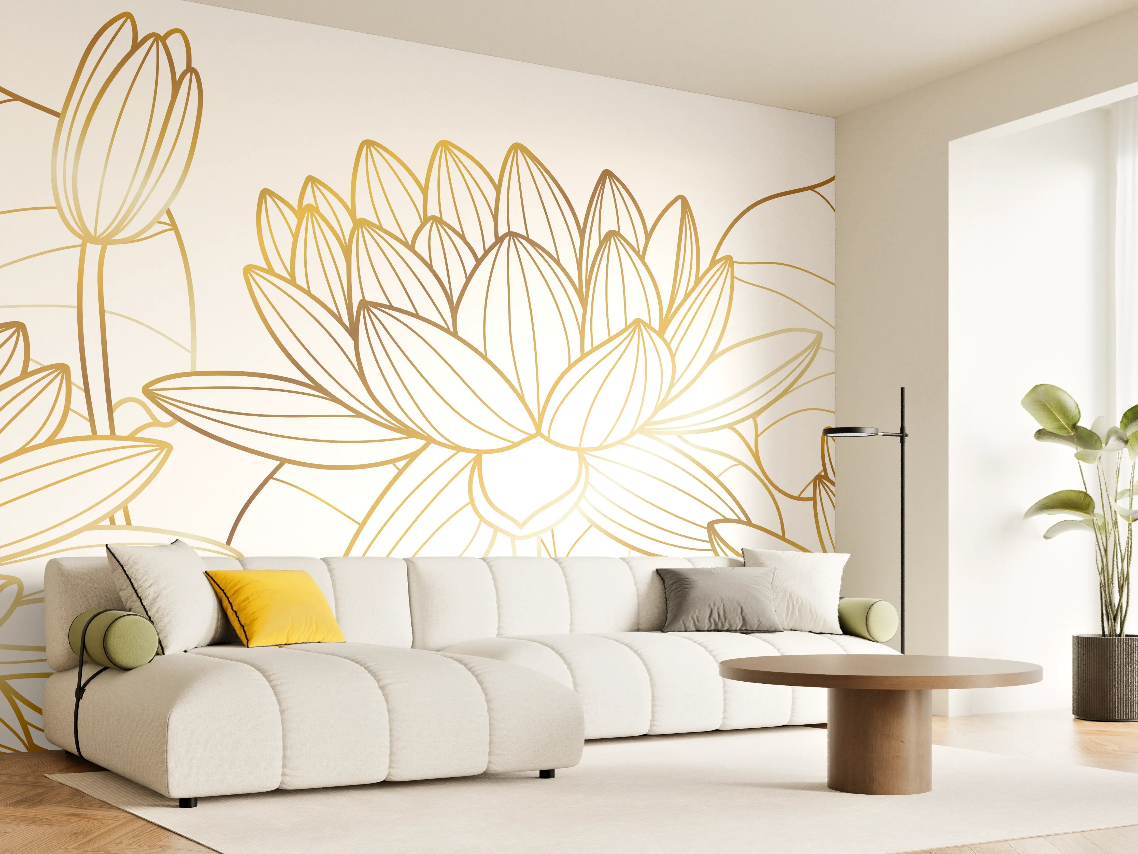 Wandverkleidung Wohnzimmer - Goldene Lotusblüte Zeichnung