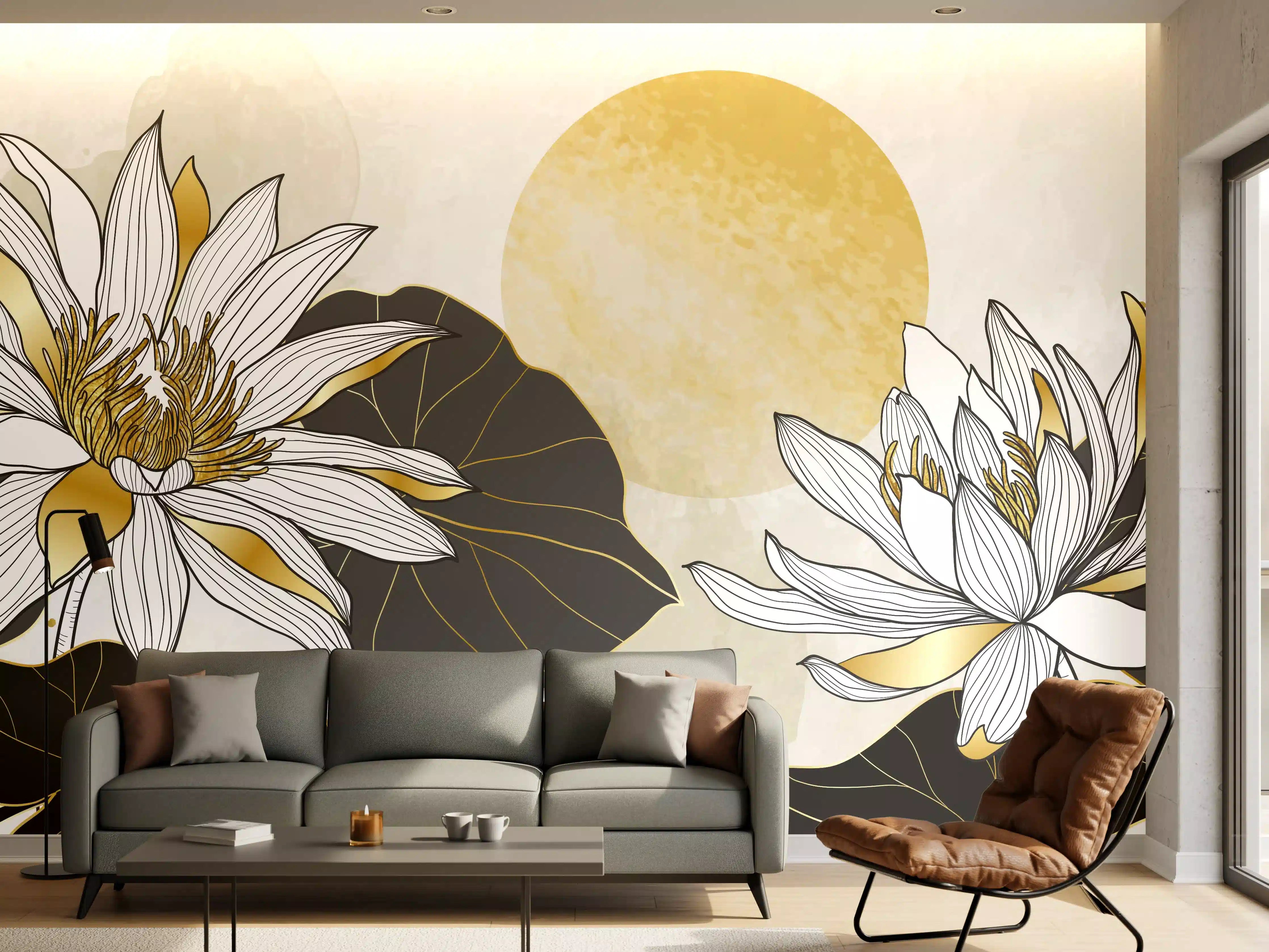 Wandverkleidung Wohnzimmer - Goldene Lotusblüten Illustration