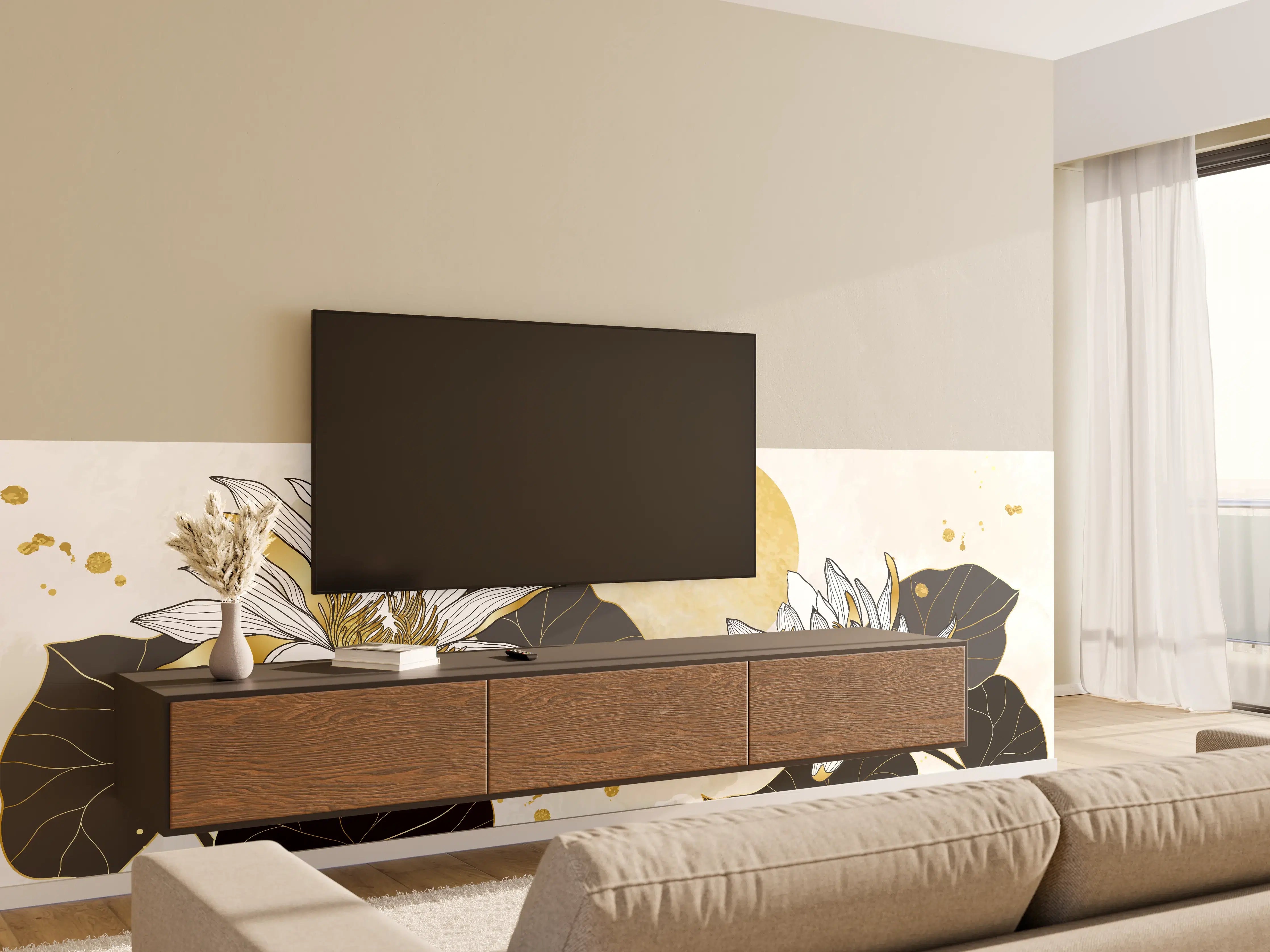 Wandverkleidung Wohnzimmer - Goldene Lotusblüten Illustration