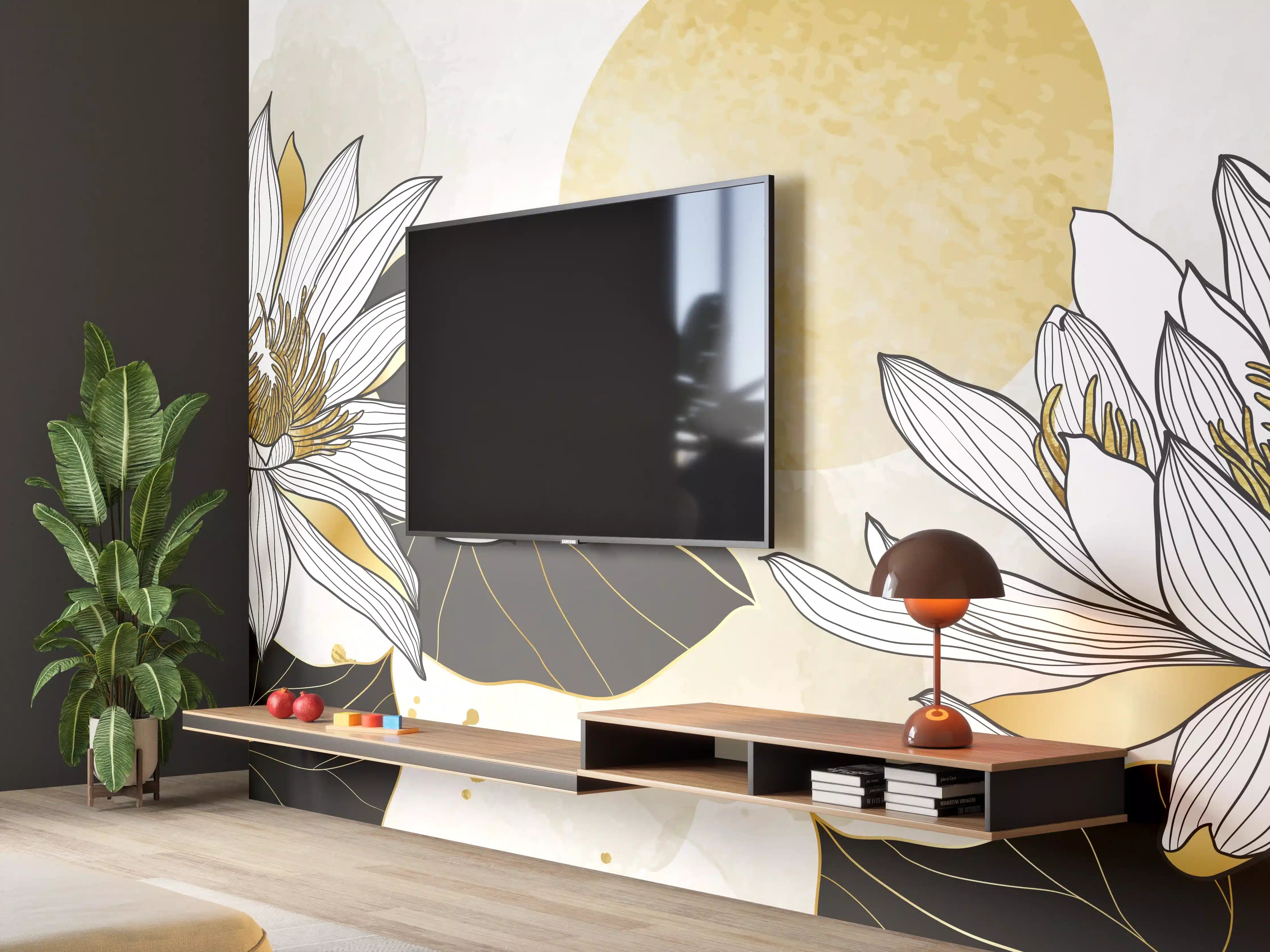 Wandverkleidung Wohnzimmer - Goldene Lotusblüten Illustration