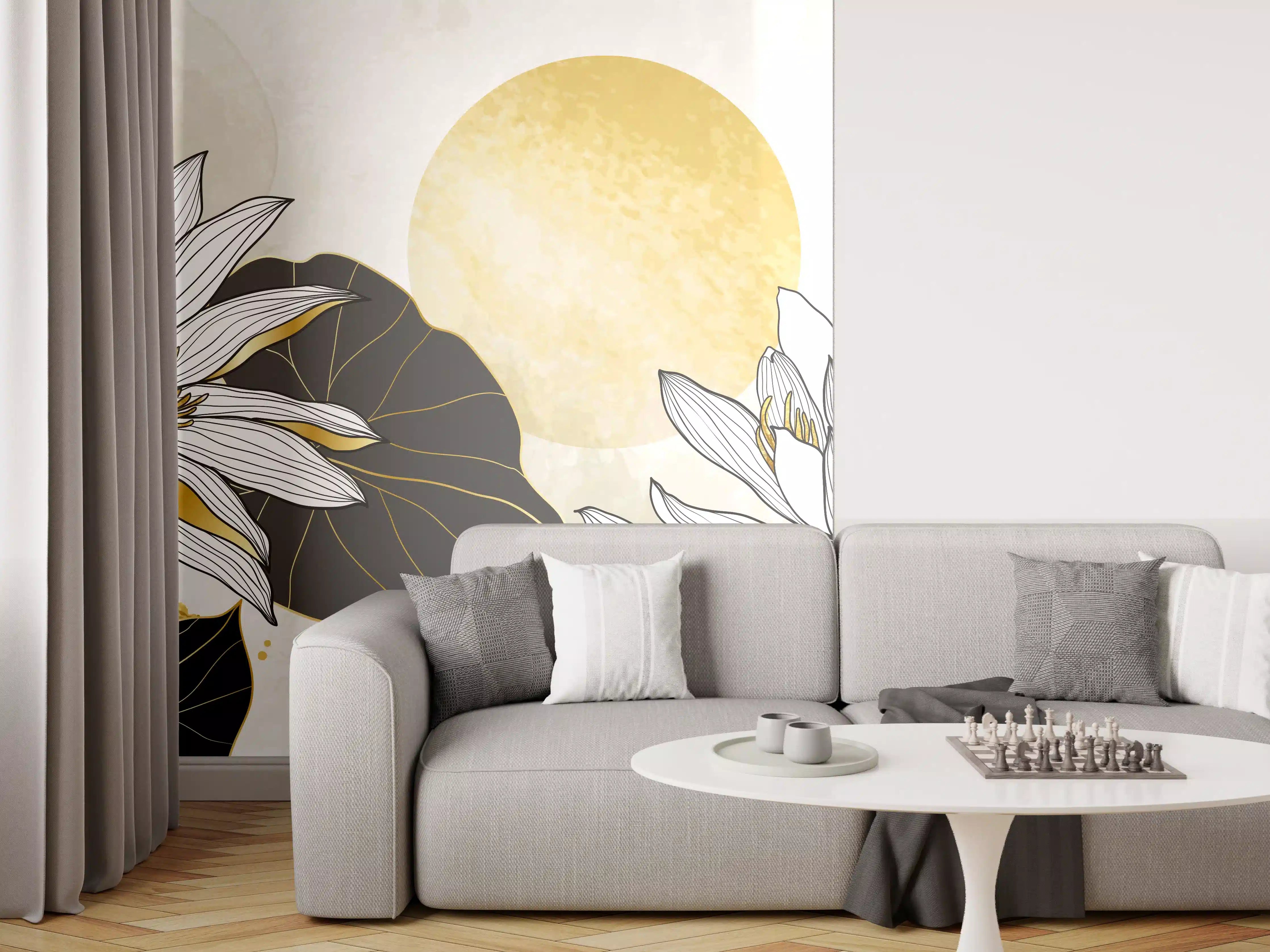 Wandverkleidung Wohnzimmer - Goldene Lotusblüten Illustration
