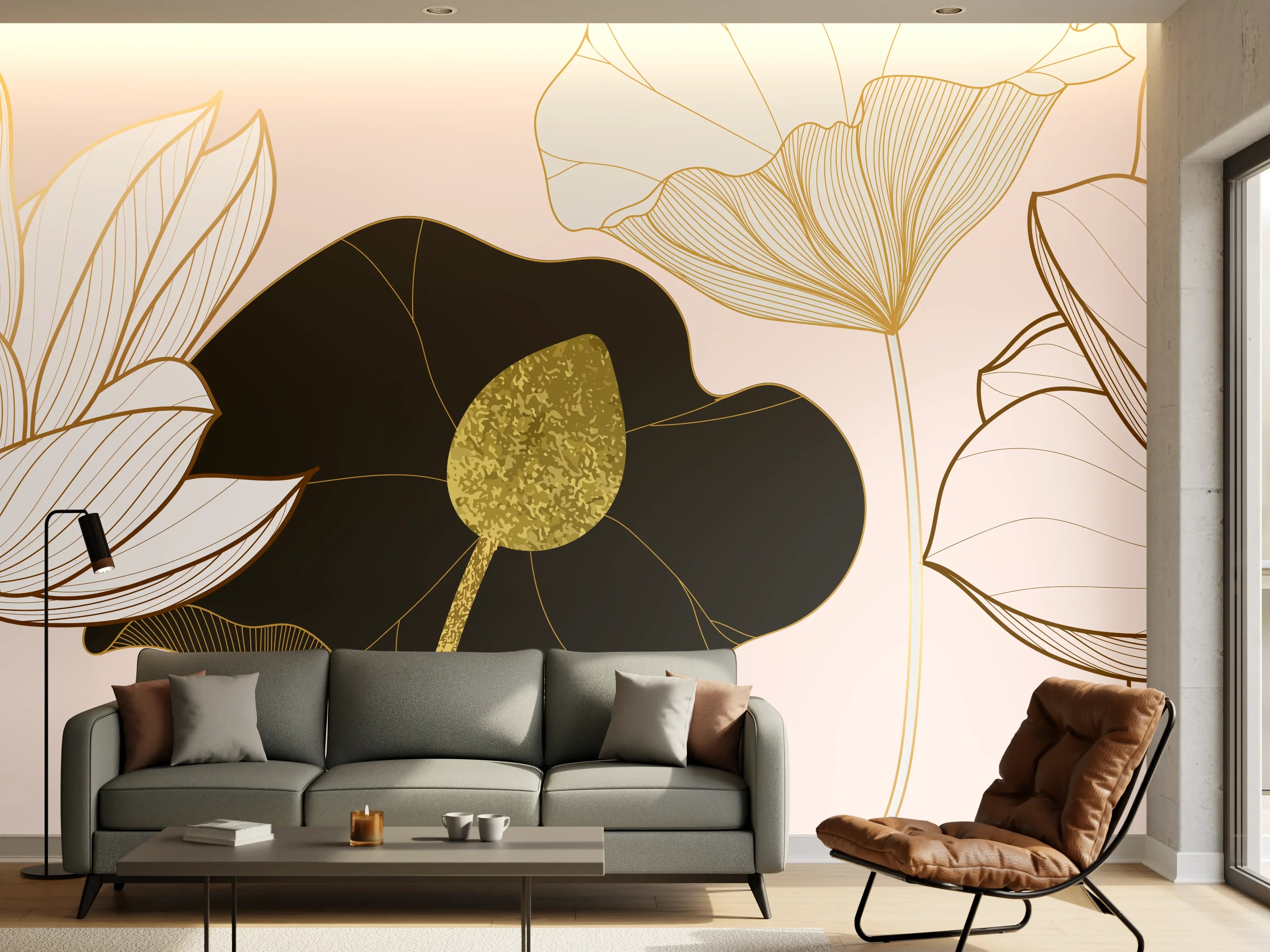 Wandverkleidung Wohnzimmer - Goldene Lotusblumen auf Schwarz