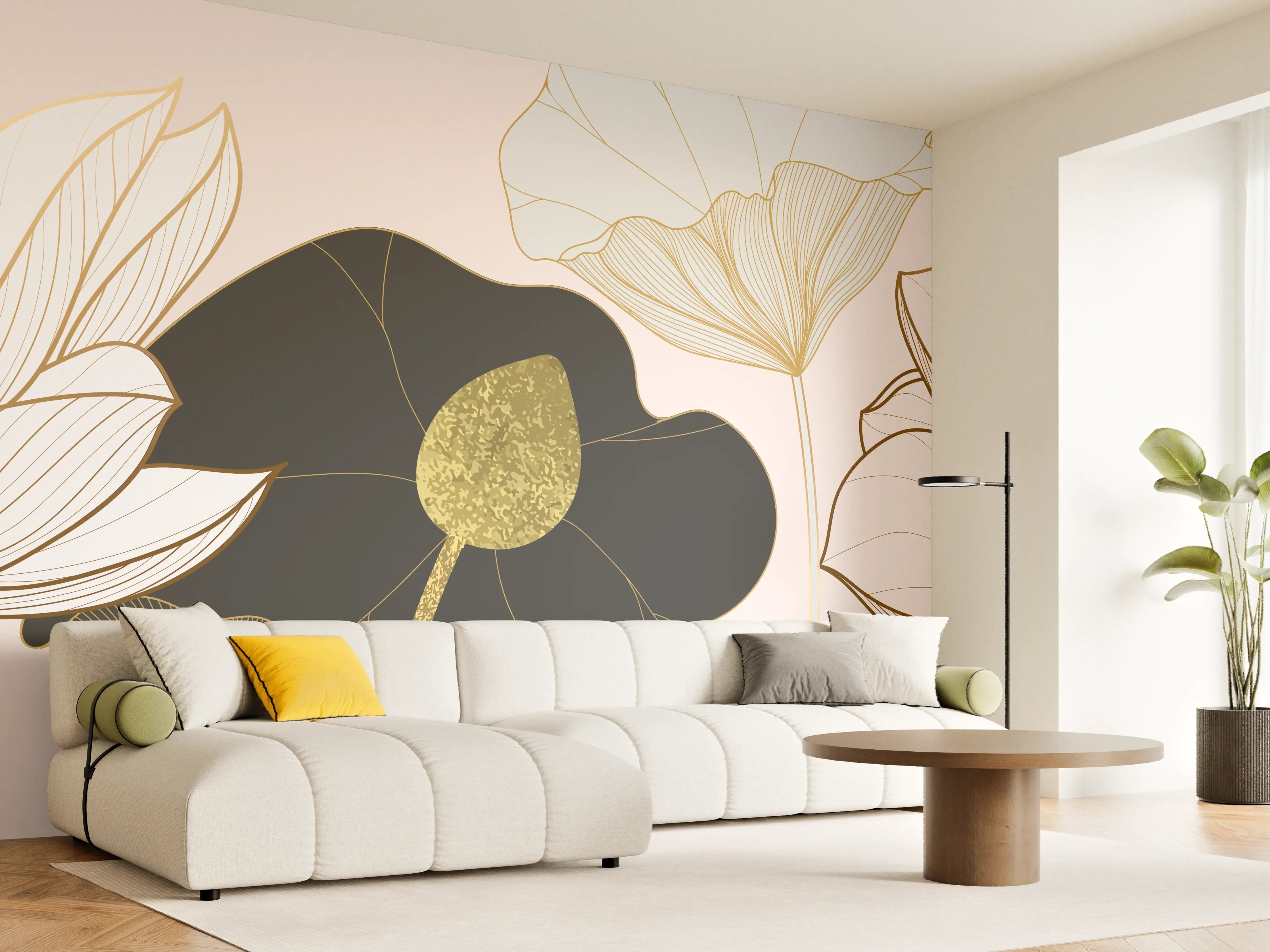 Wandverkleidung Wohnzimmer - Goldene Lotusblumen auf Schwarz
