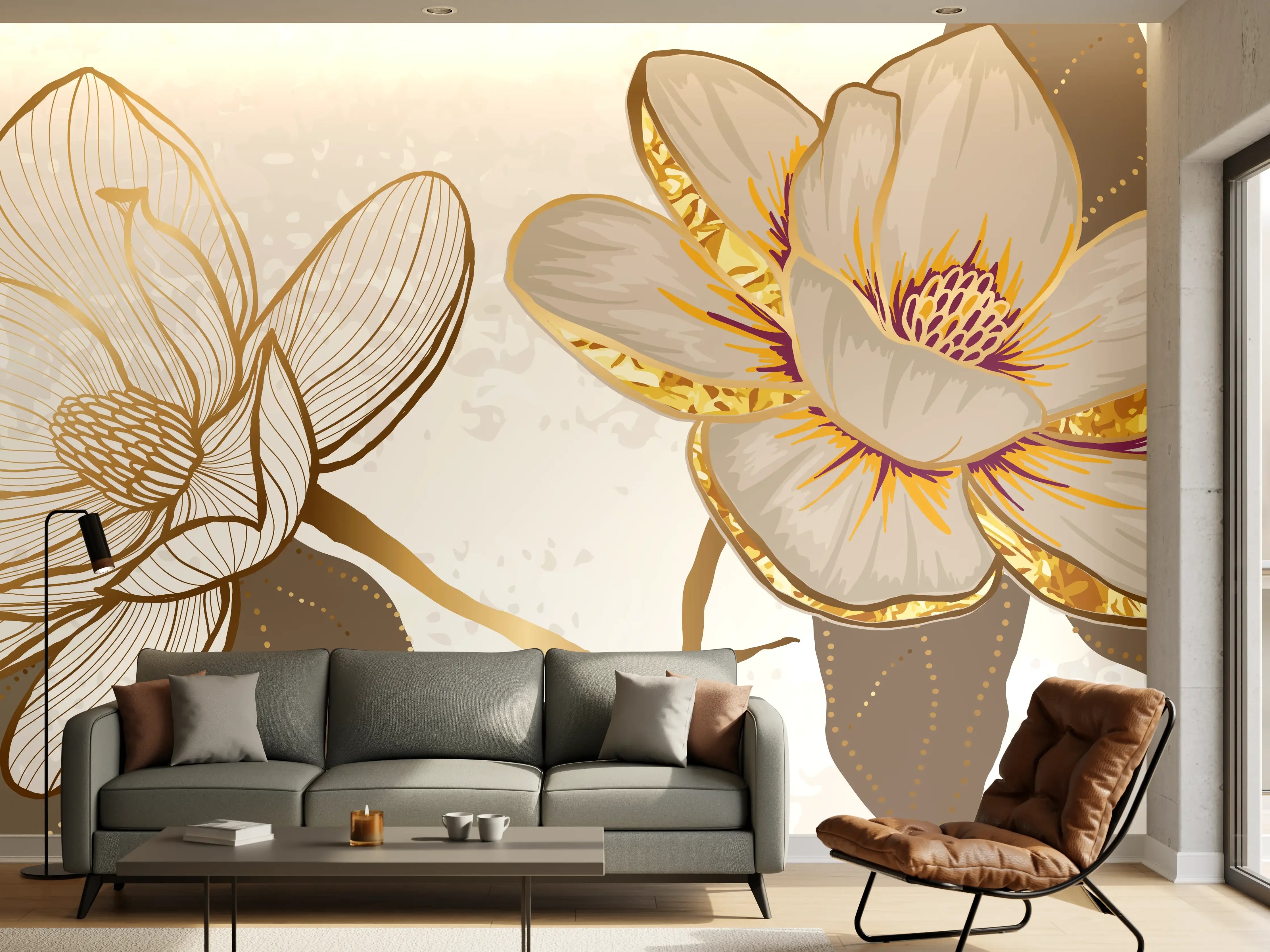 Wandverkleidung Wohnzimmer - Goldene Magnolien Kunst-Design