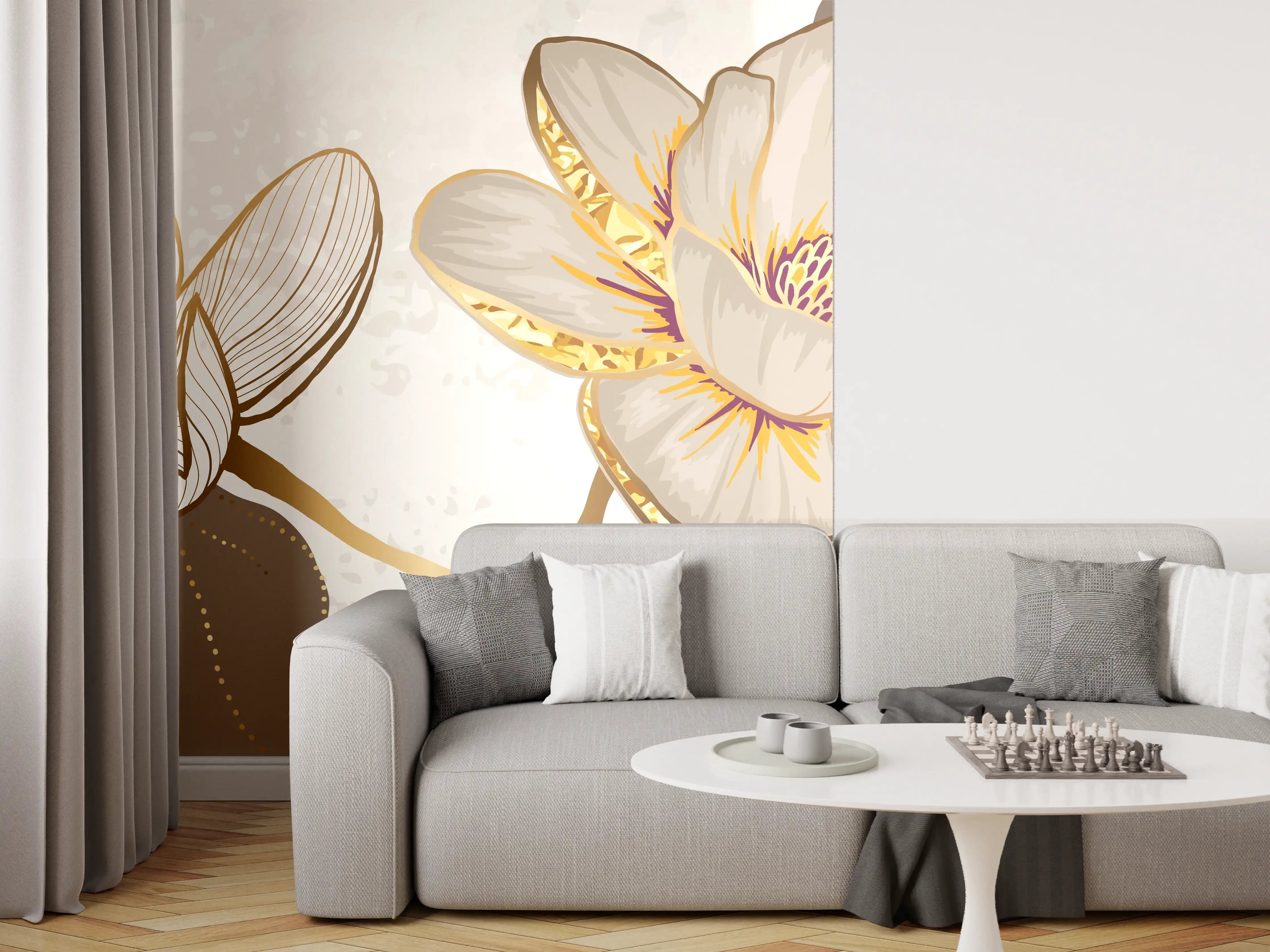 Wandverkleidung Wohnzimmer - Goldene Magnolien Kunst-Design