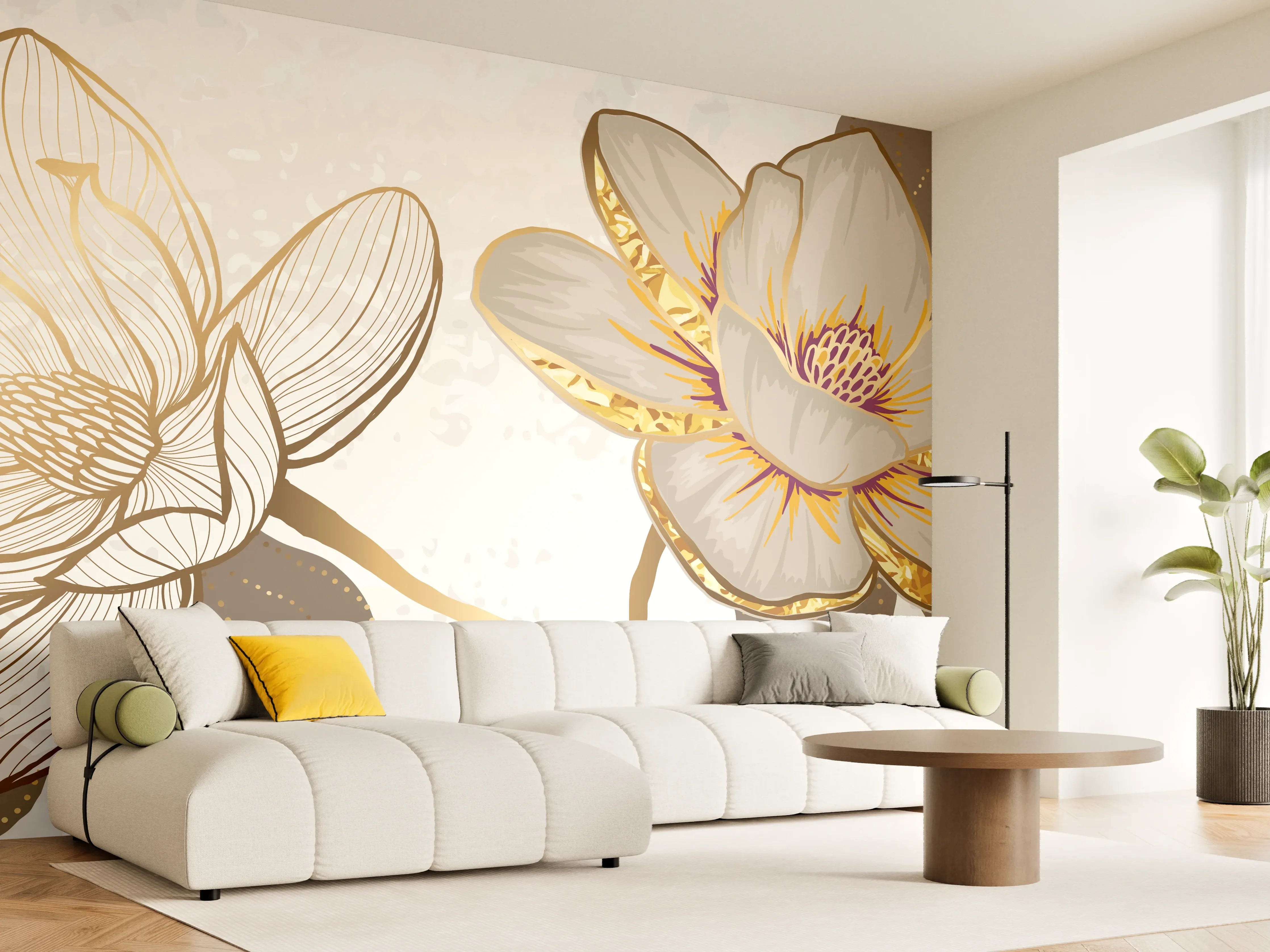 Wandverkleidung Wohnzimmer - Goldene Magnolien Kunst-Design