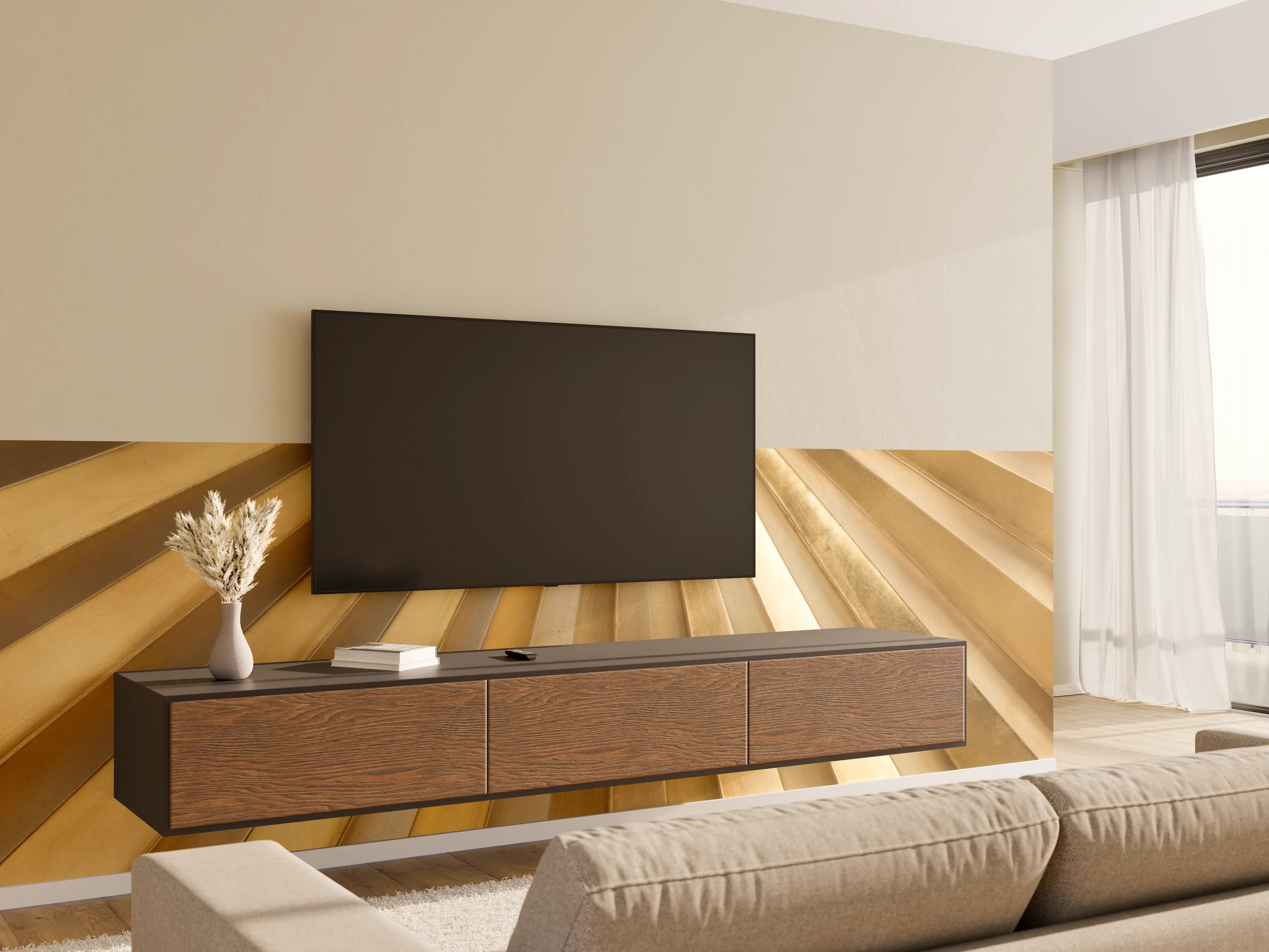 Wandverkleidung Wohnzimmer - Goldene Metallstreifen