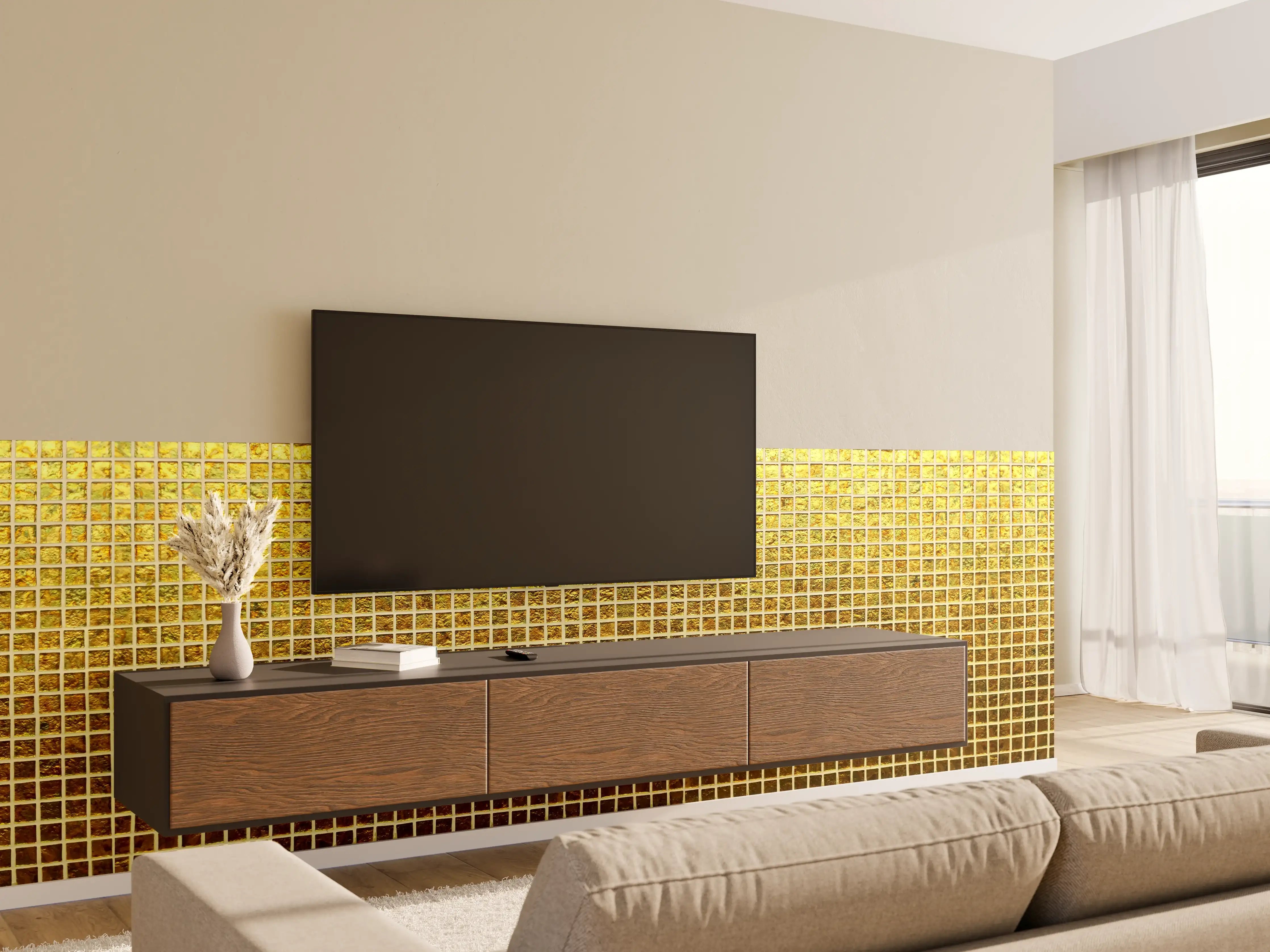 Wandverkleidung Wohnzimmer - Goldene Mosaikfliese für exklusives Flair
