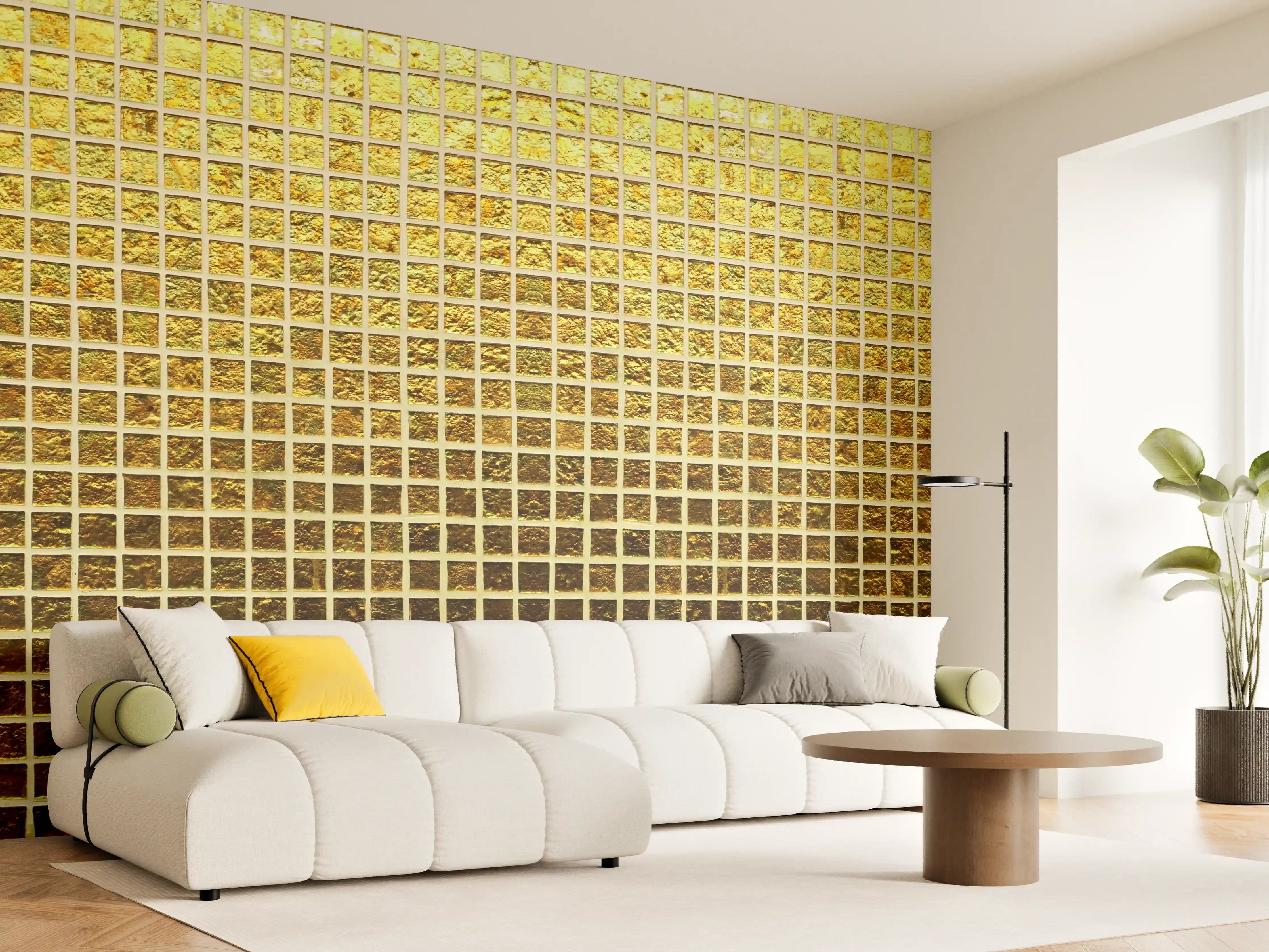 Wandverkleidung Wohnzimmer - Goldene Mosaikfliese für exklusives Flair