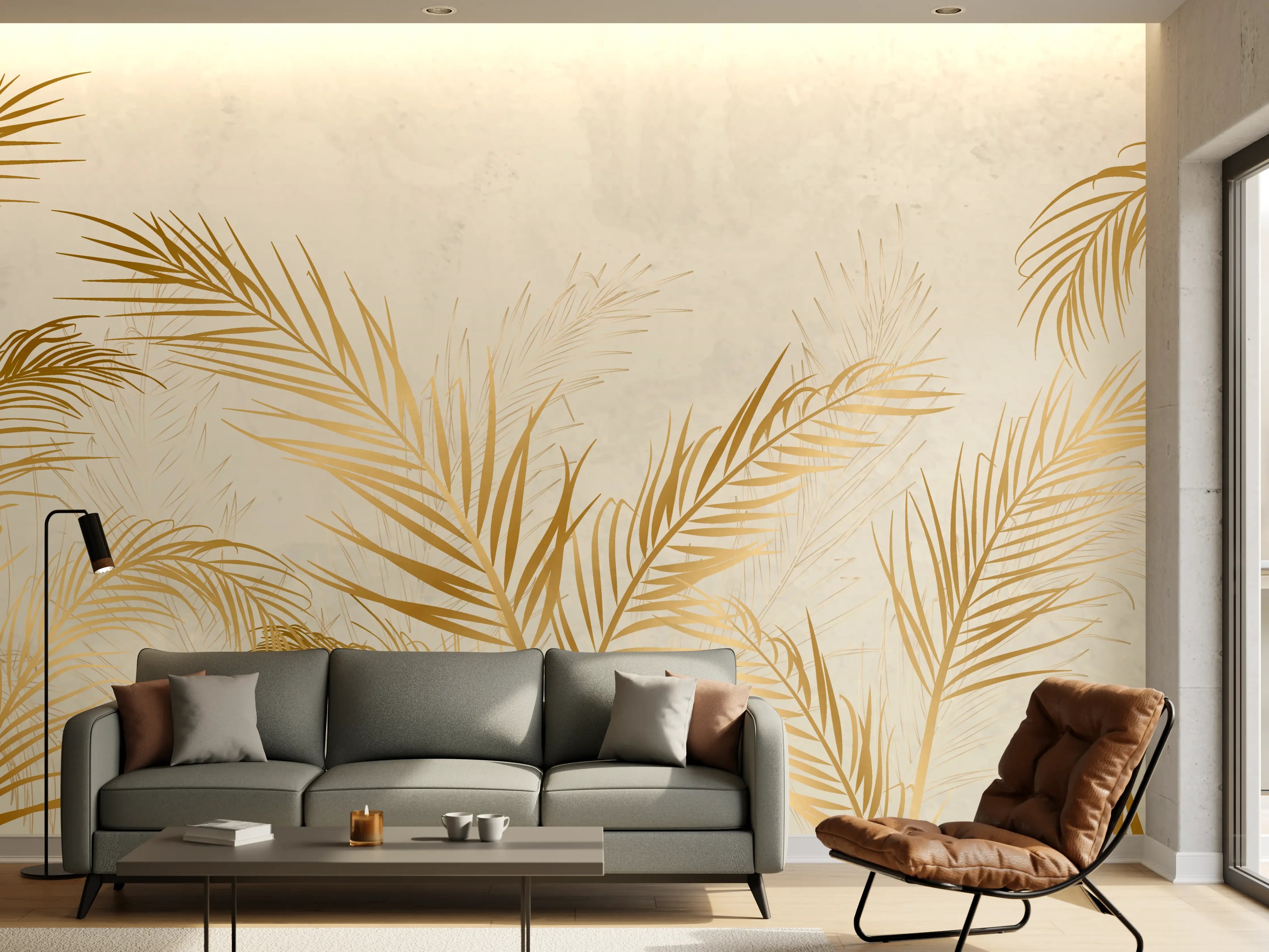 Wandverkleidung Wohnzimmer - Goldene Palmwedel Deko