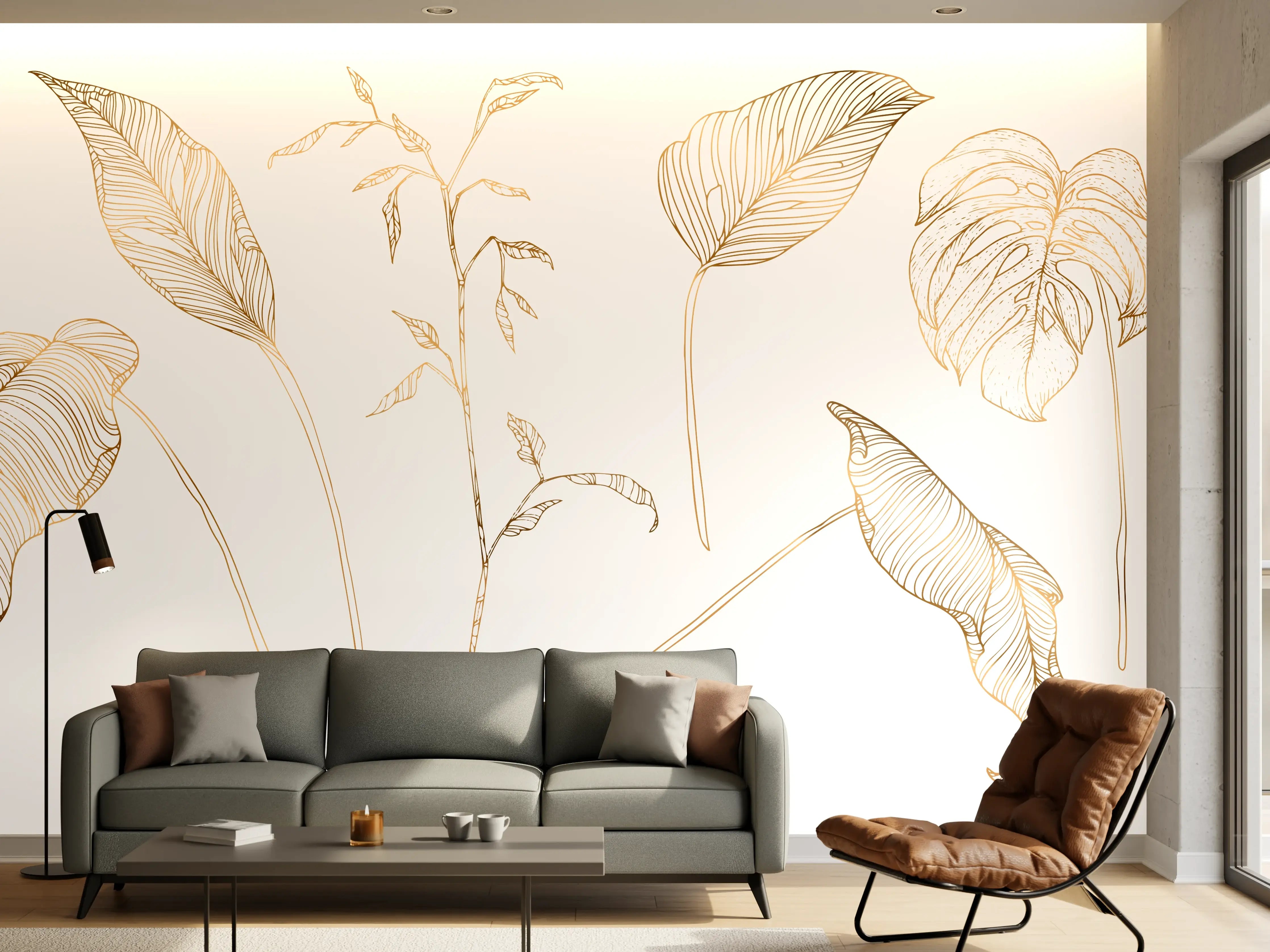 Wandverkleidung Wohnzimmer - Goldene Pflanzenlinien Zeichnung