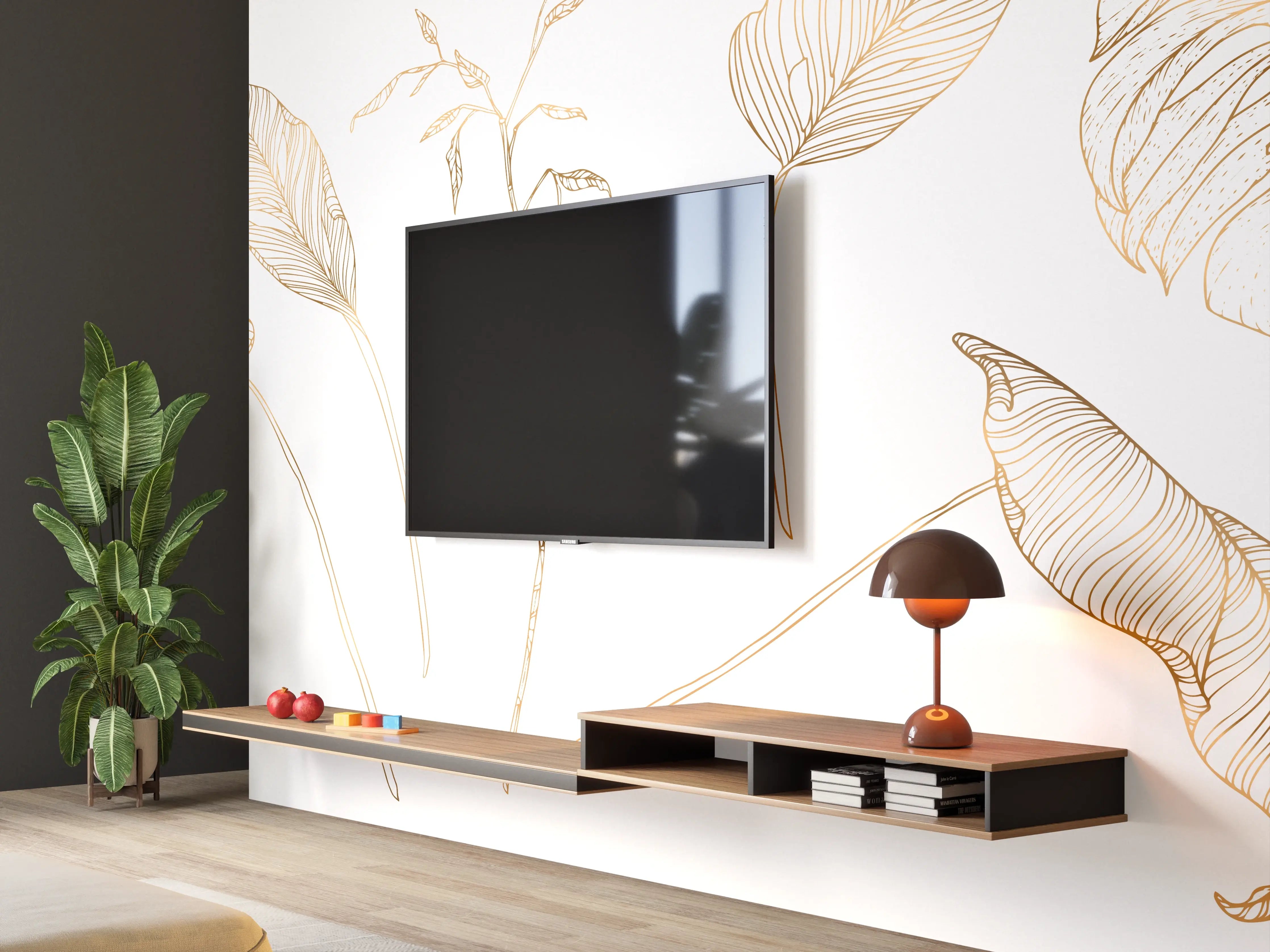 Wandverkleidung Wohnzimmer - Goldene Pflanzenlinien Zeichnung