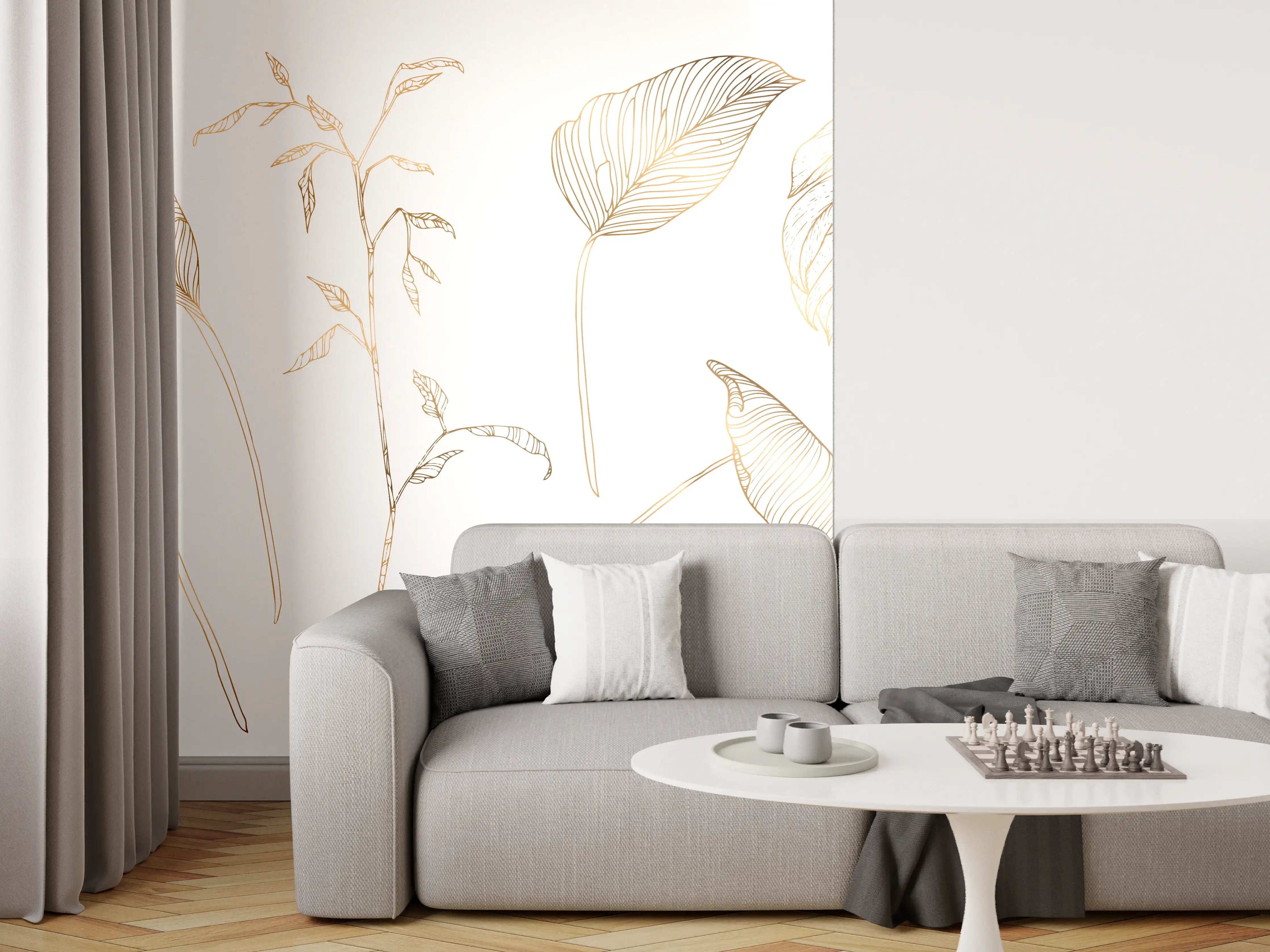Wandverkleidung Wohnzimmer - Goldene Pflanzenlinien Zeichnung