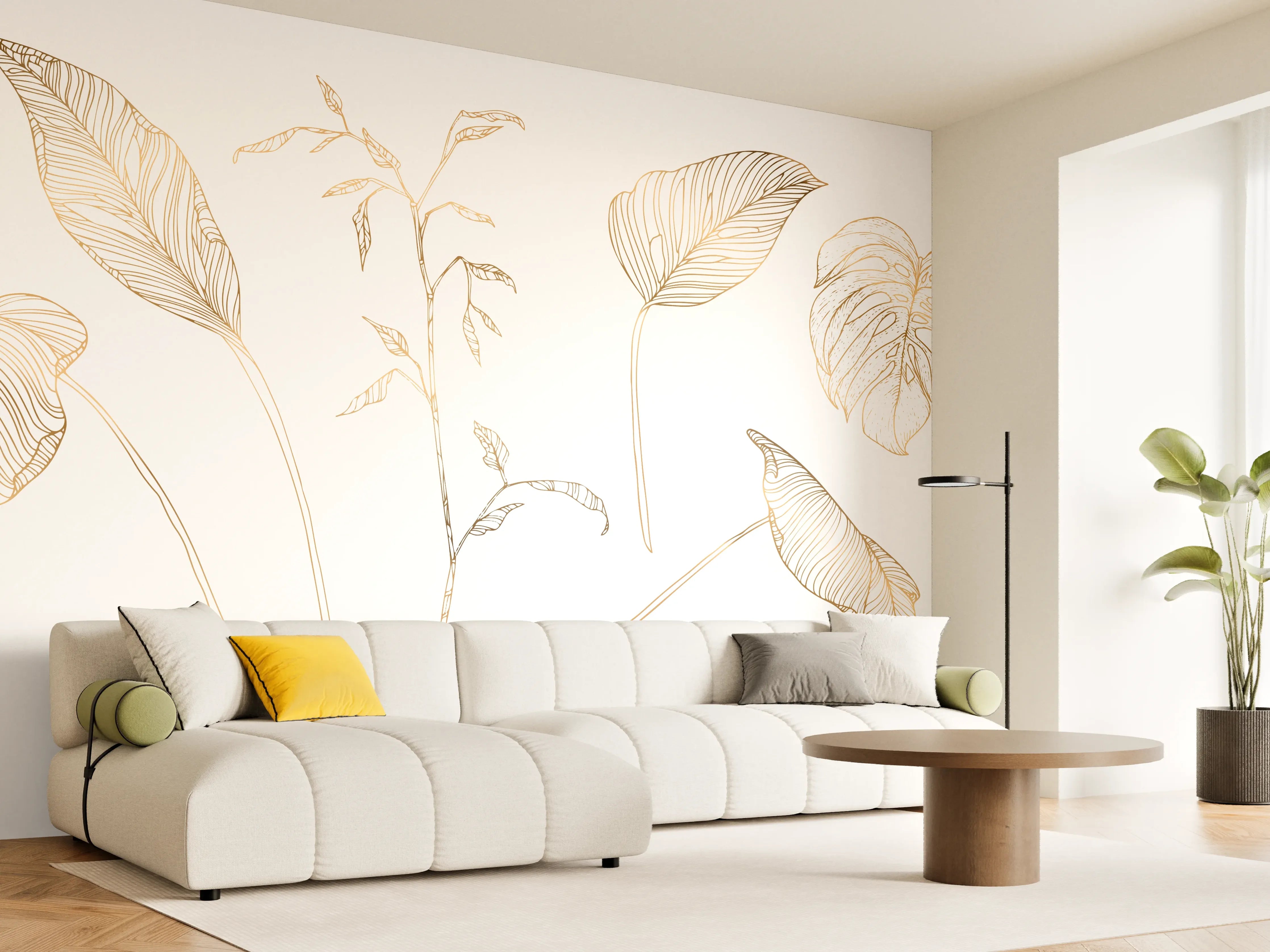Wandverkleidung Wohnzimmer - Goldene Pflanzenlinien Zeichnung