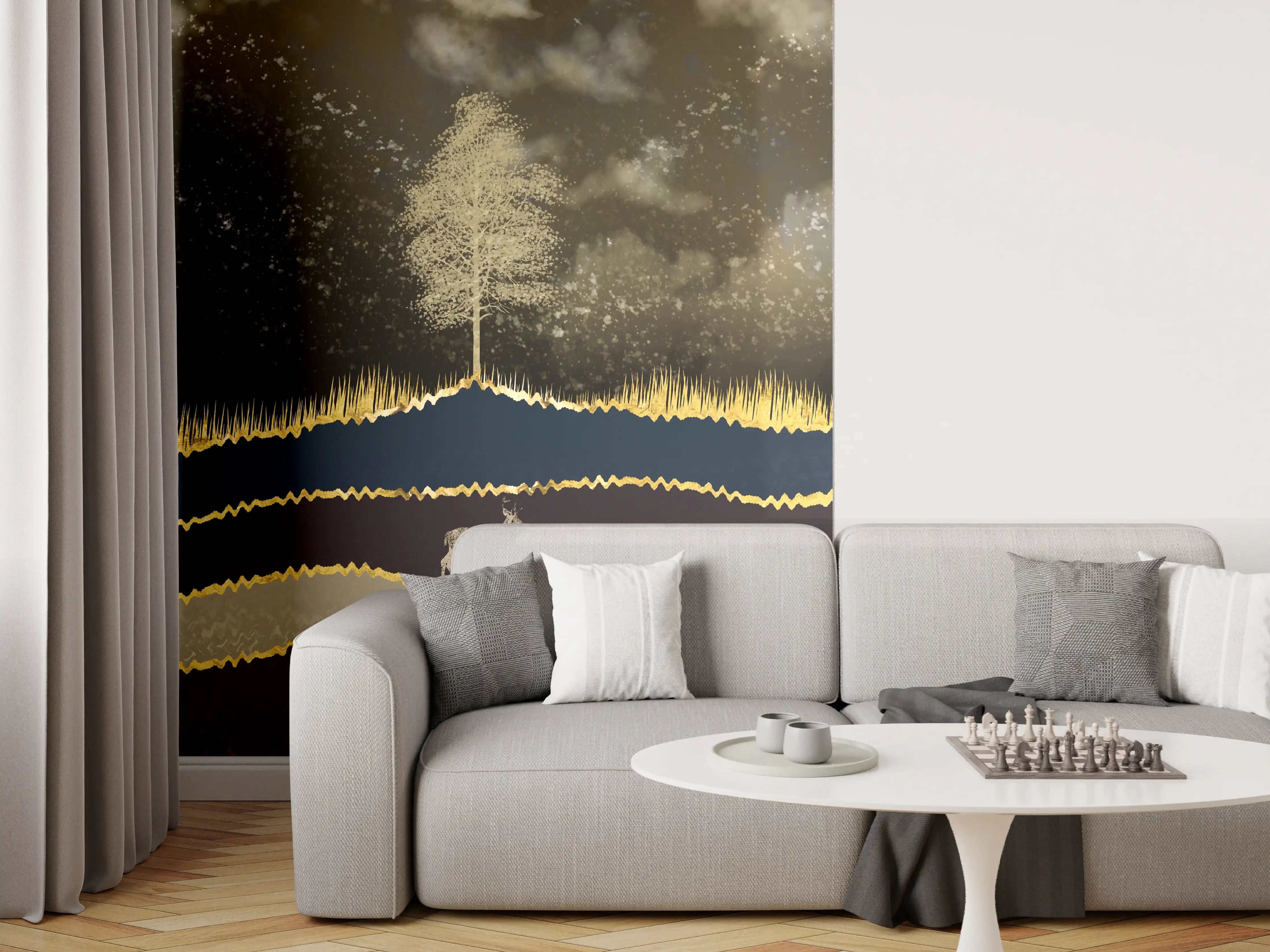 Wandverkleidung Wohnzimmer - Goldene Sonne Dunkler Wald Hirsch