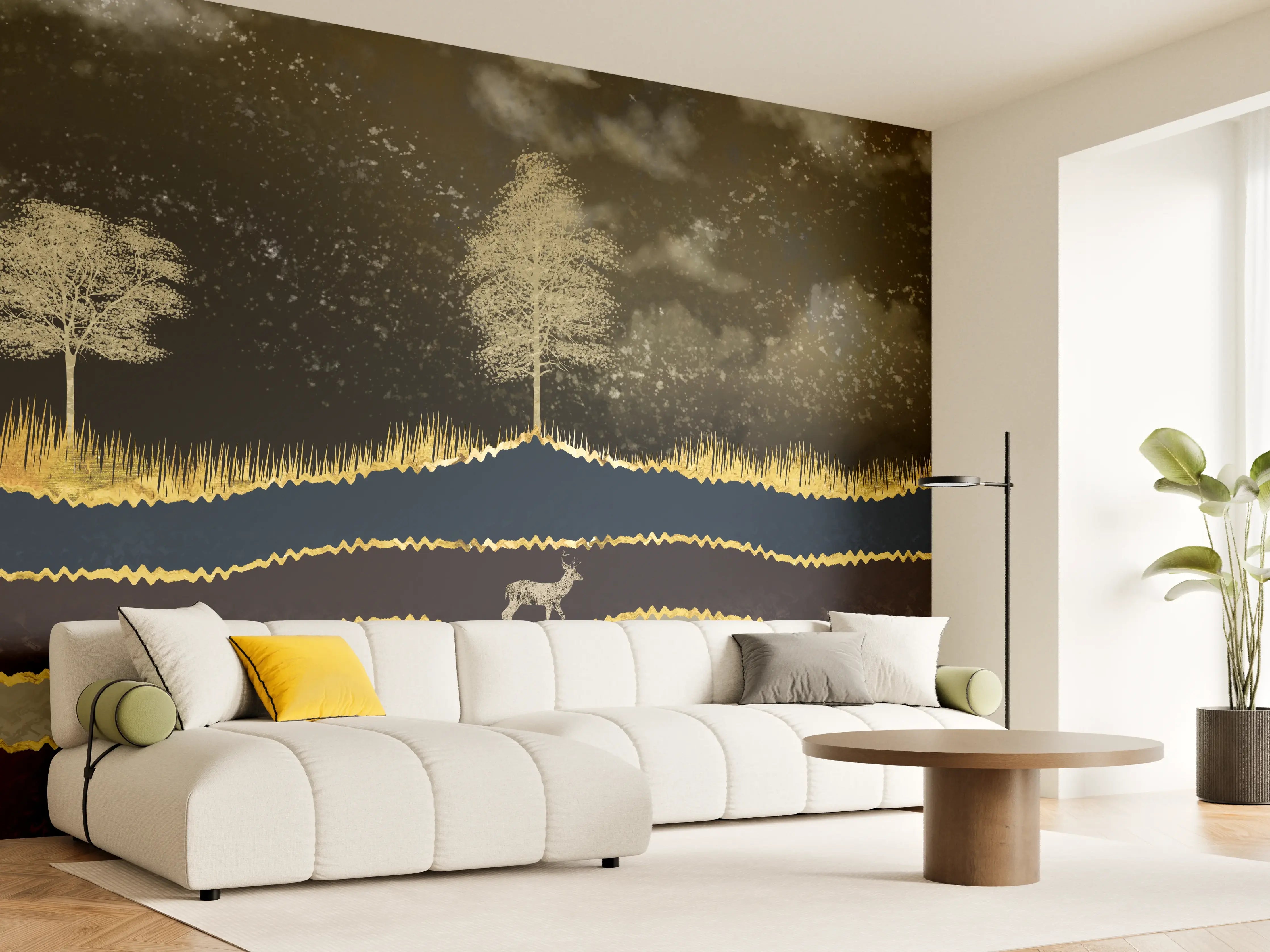 Wandverkleidung Wohnzimmer - Goldene Sonne Dunkler Wald Hirsch