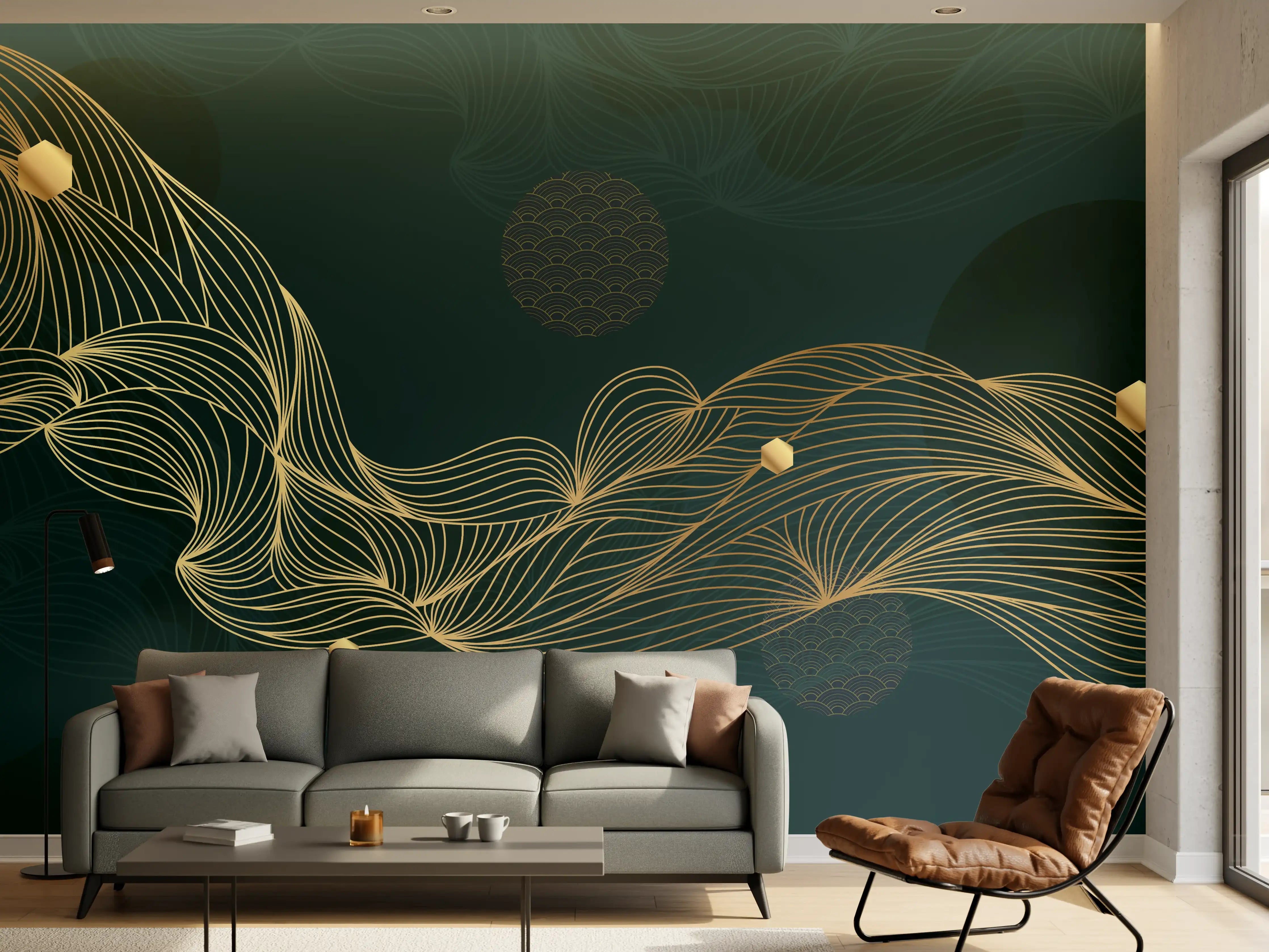 Wandverkleidung Wohnzimmer - Goldene Wellenlinien auf Dunkelblau