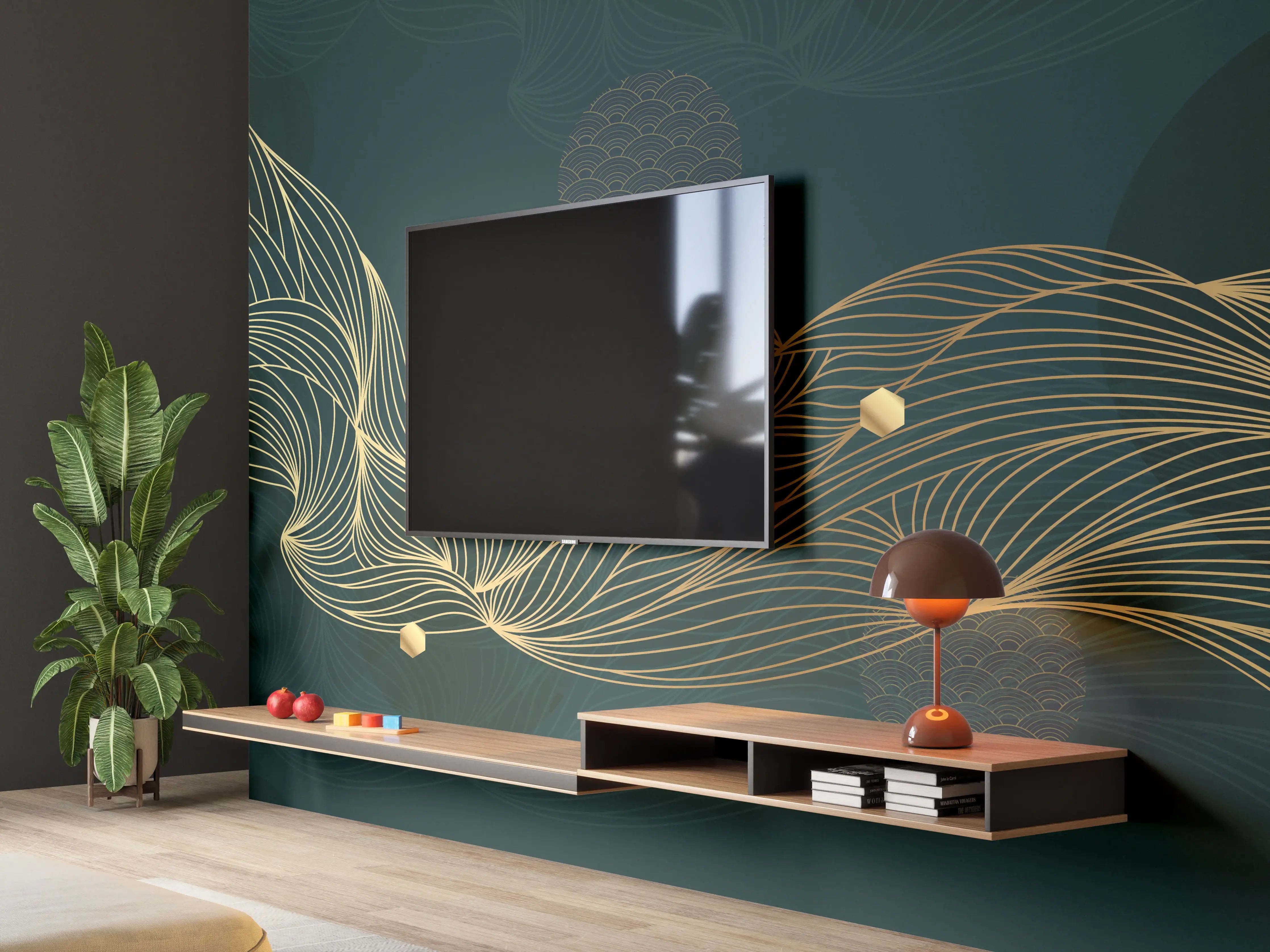 Wandverkleidung Wohnzimmer - Goldene Wellenlinien auf Dunkelblau